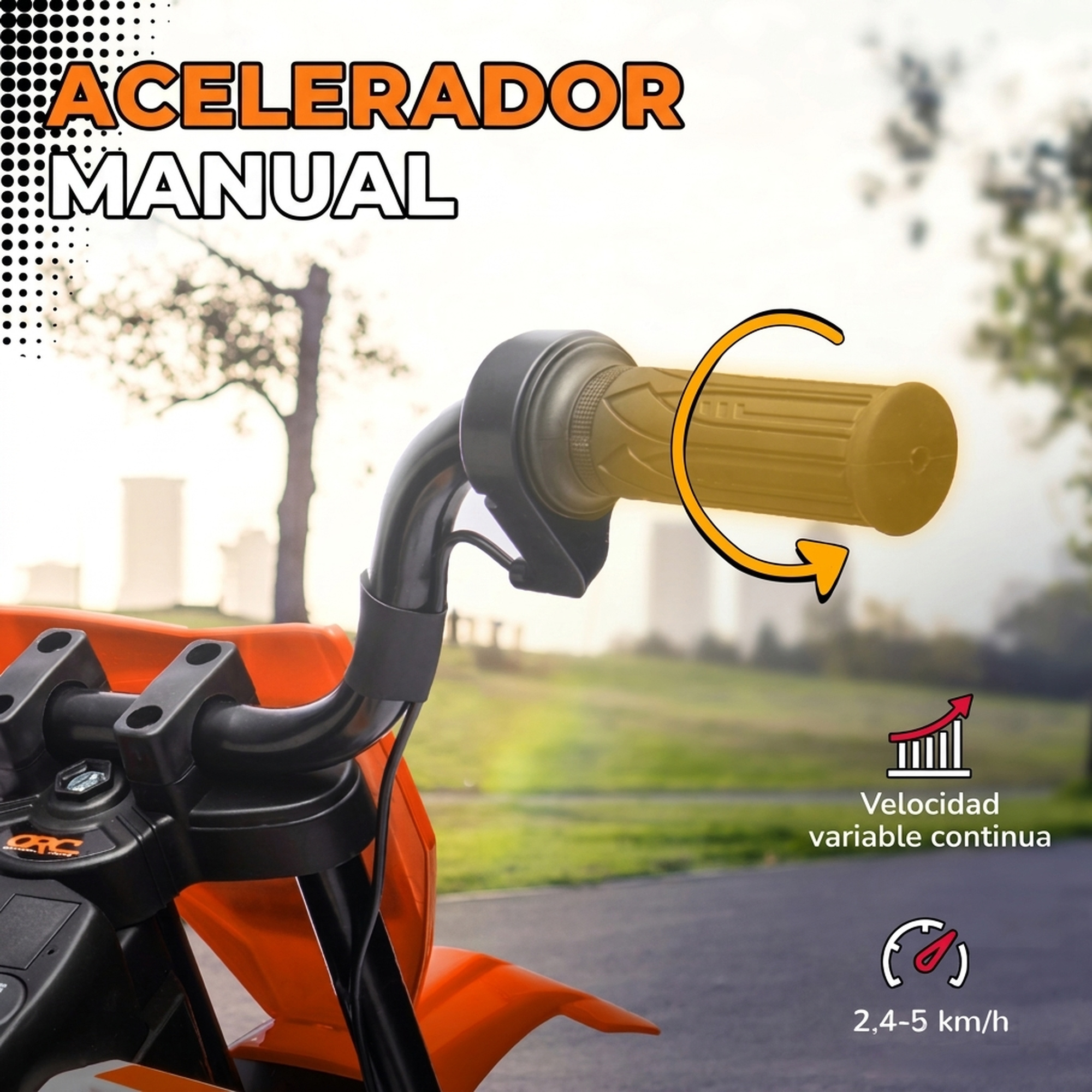 Primer plano del manillar de una moto infantil con acelerador de puño y una flecha de rotación.