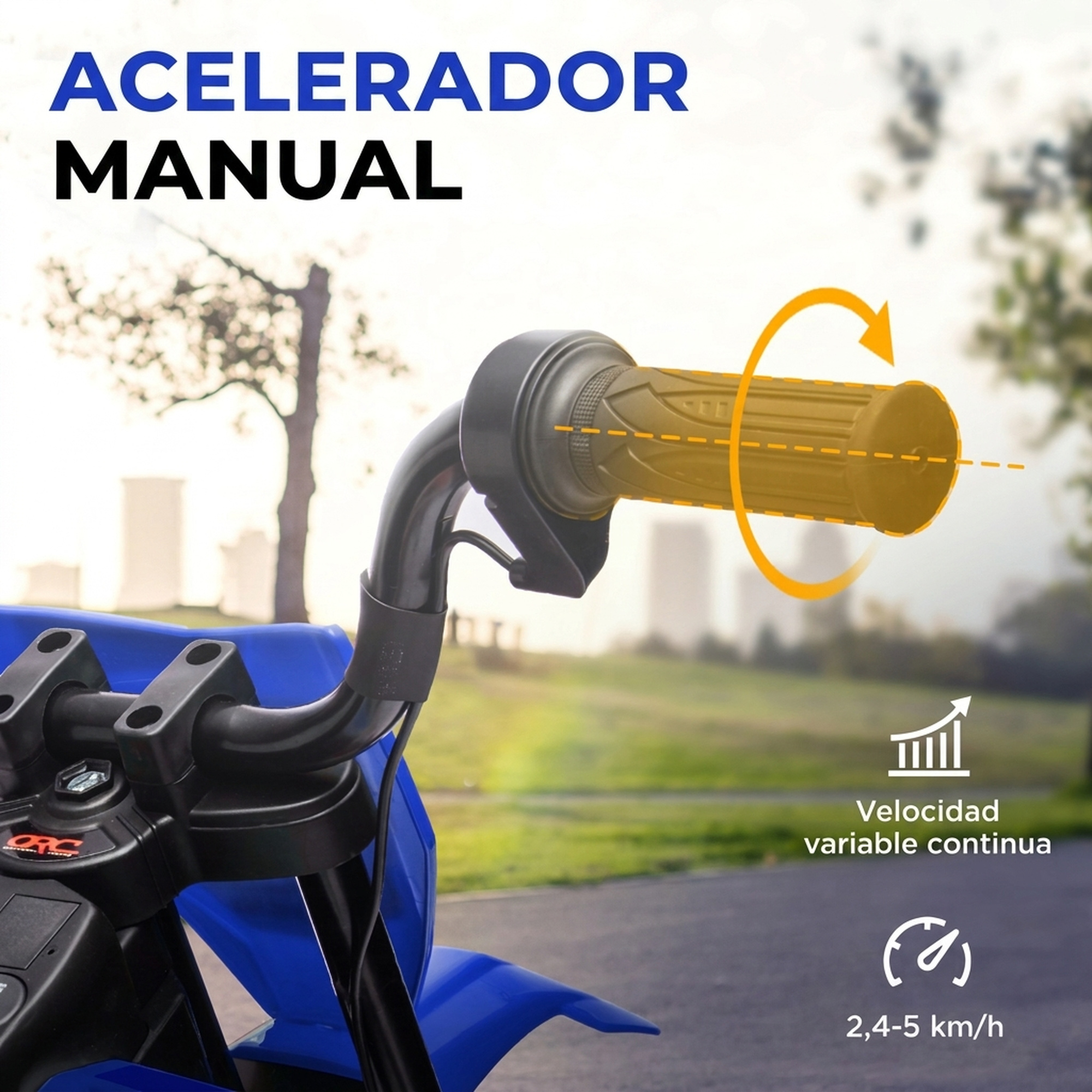 Primer plano del manillar de un vehículo infantil azul con acelerador manual en un parque.
