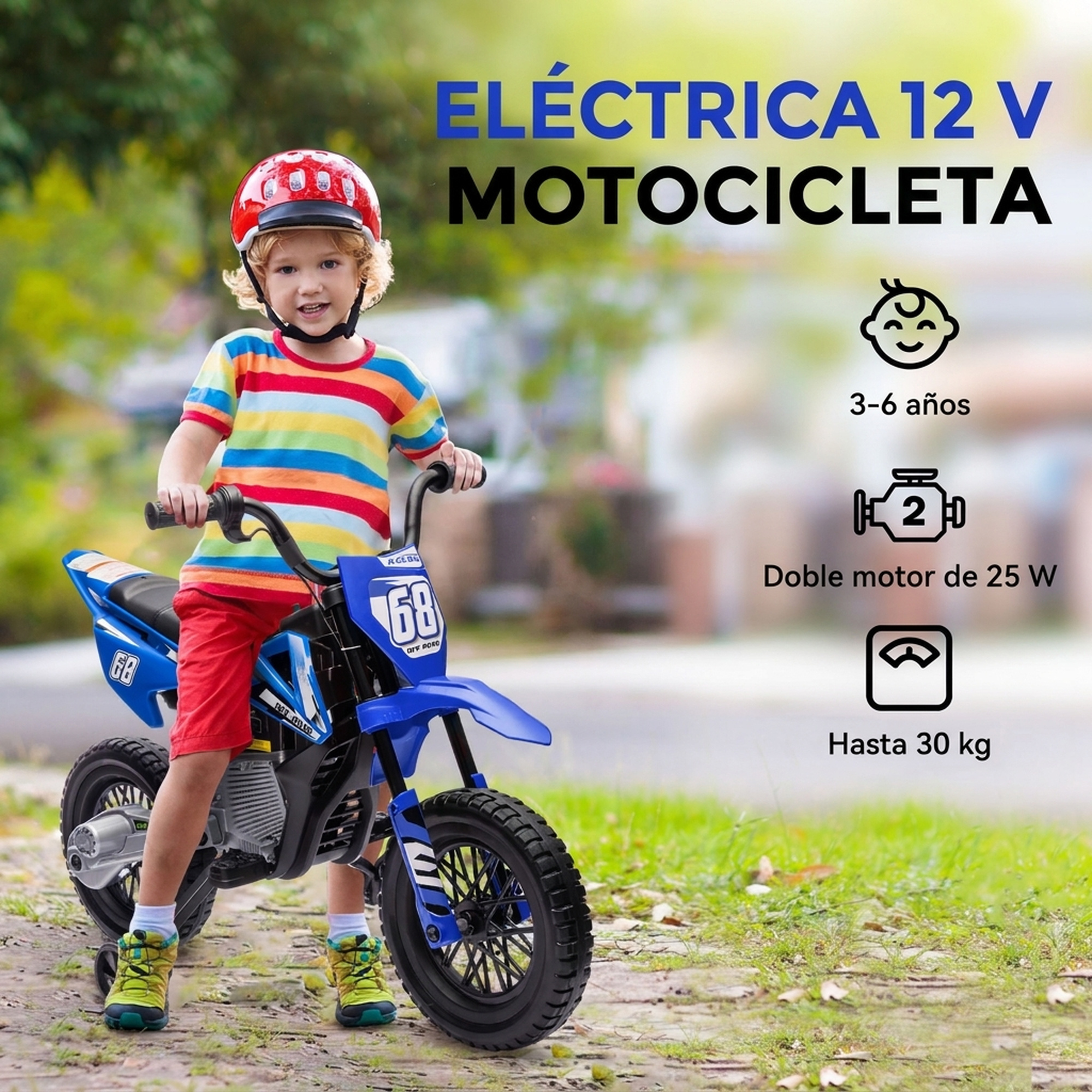 Un niño con casco en una motocicleta eléctrica azul al aire libre, con texto e iconos de producto.