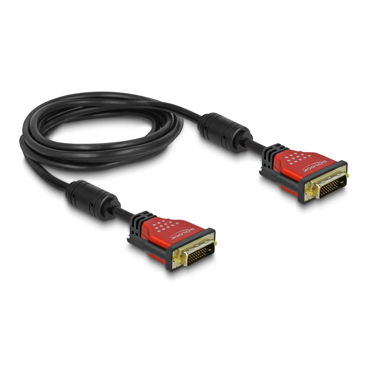 Un cable DVI negro con conectores rojos sobre una superficie blanca.