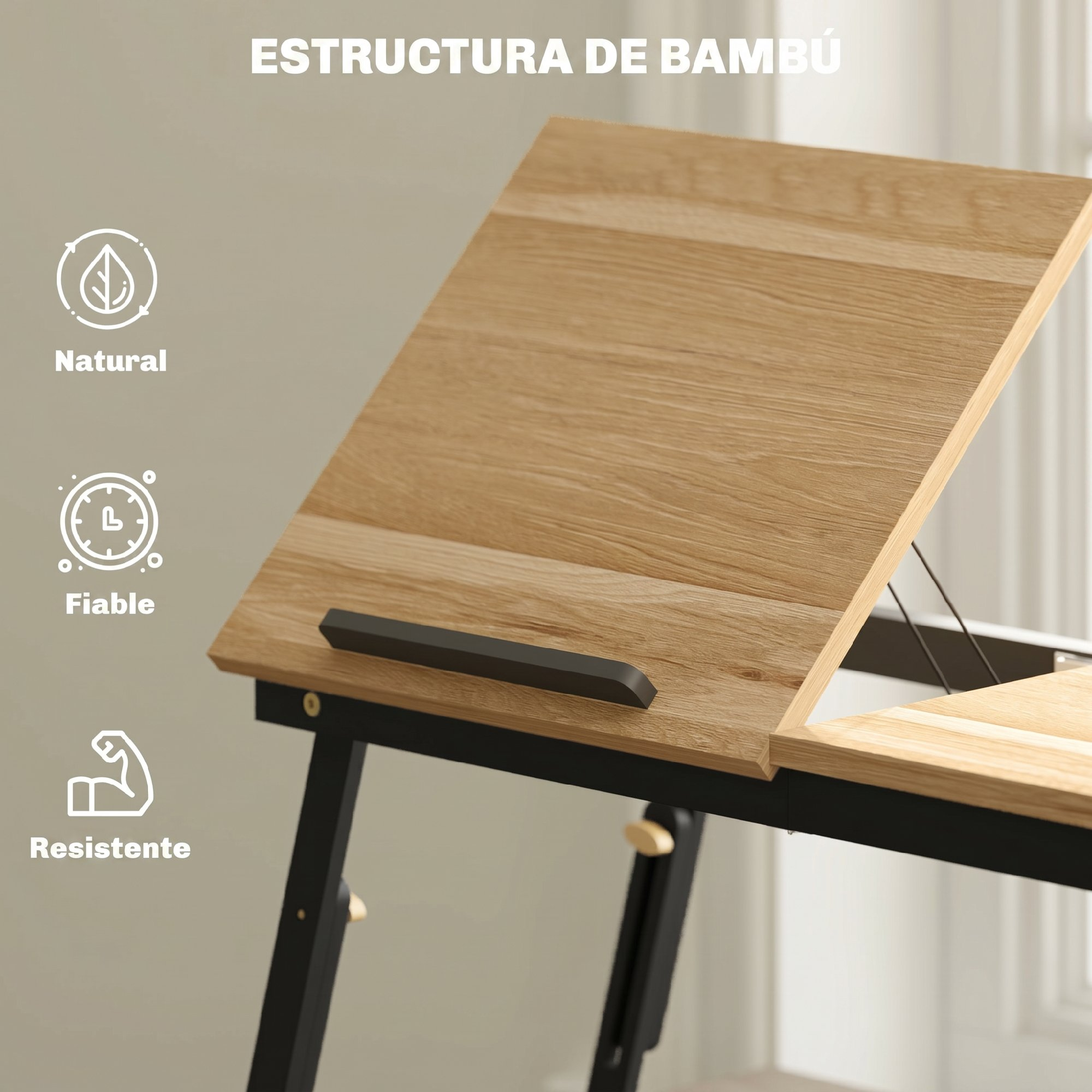 Mesa de madera con tablero ajustable sobre estructura de metal negro y tres iconos a la izquierda.