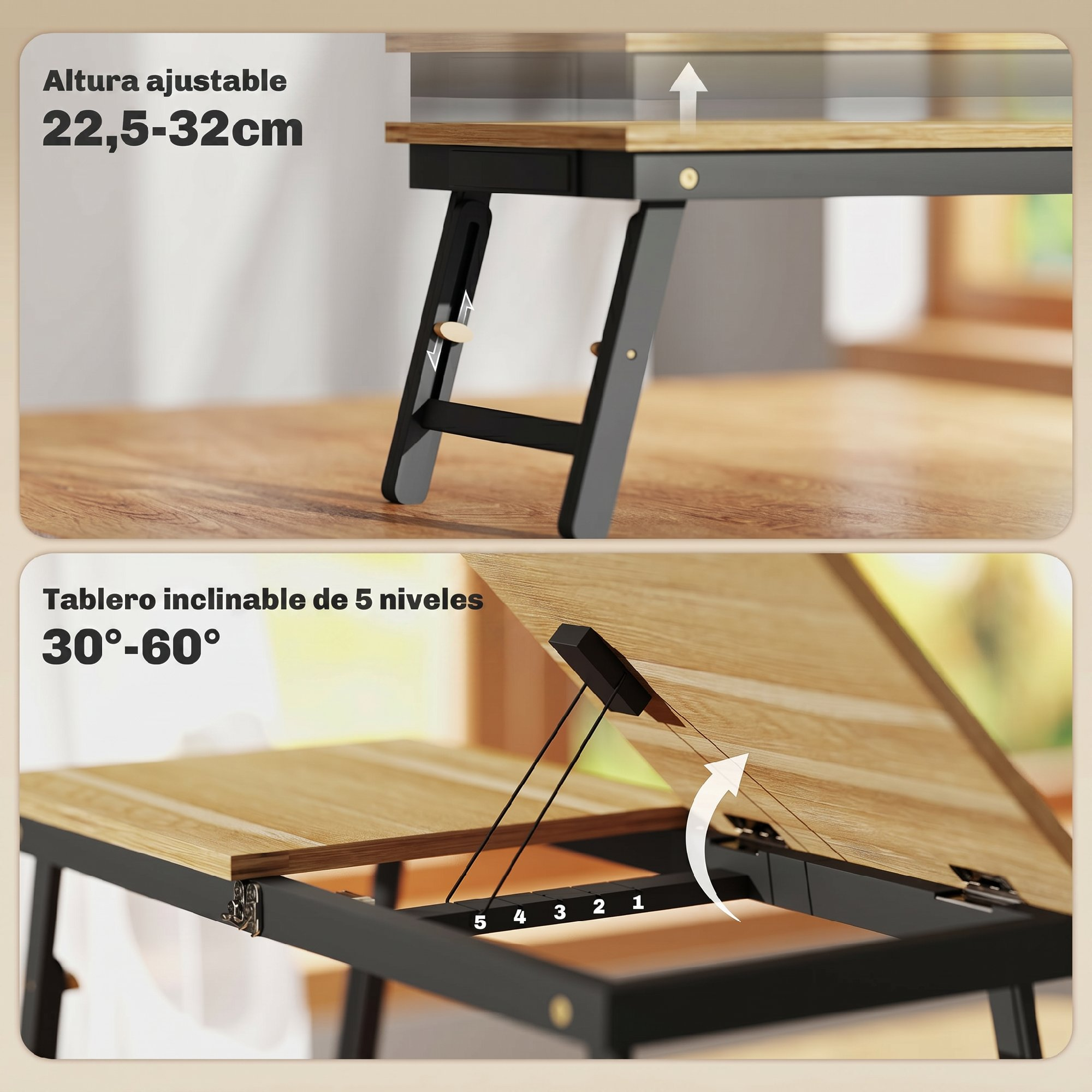 Mesa de madera con altura ajustable de 22,5 a 32 cm y tablero inclinable de 5 niveles de 30 a 60 grados.