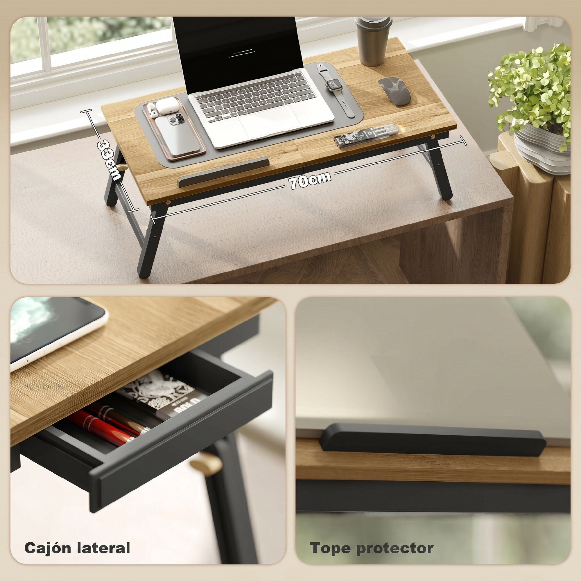 Un escritorio para portátil de madera con patas, cajón lateral e indicadores de medida en tres vistas.