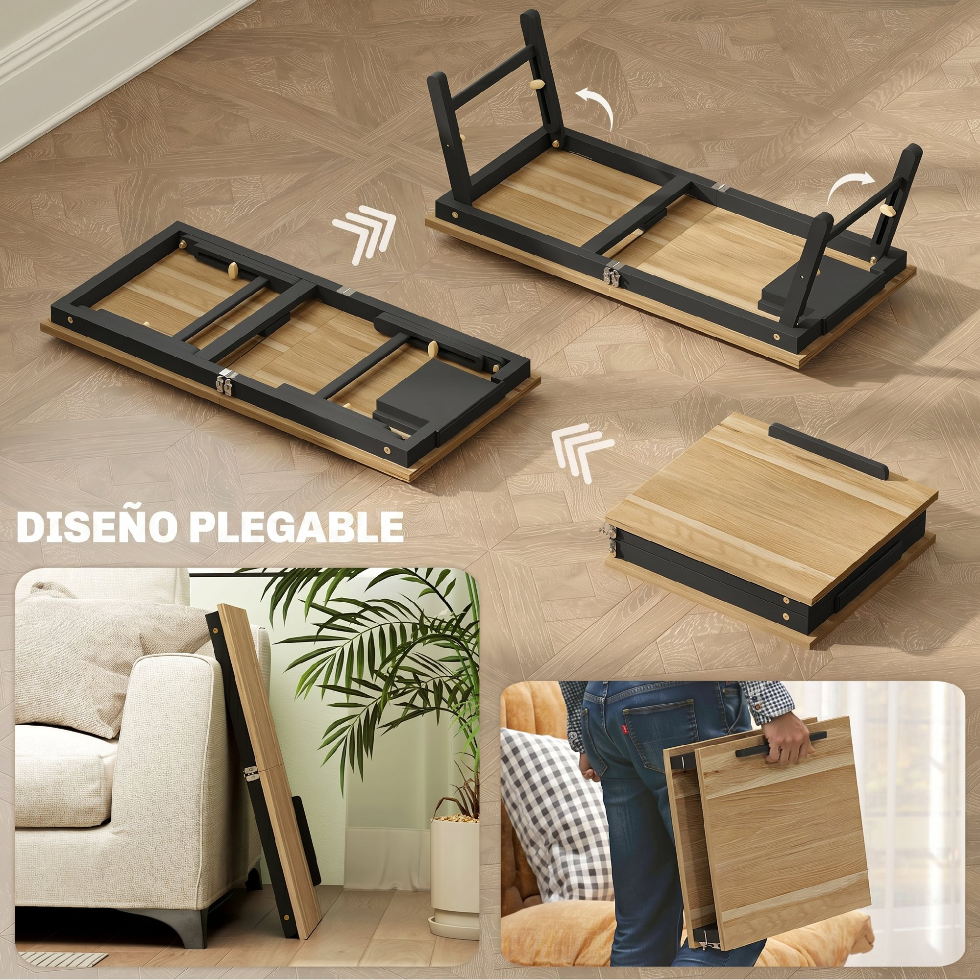 Diseño de mesa plegable que muestra los pasos para doblarla y guardarla.