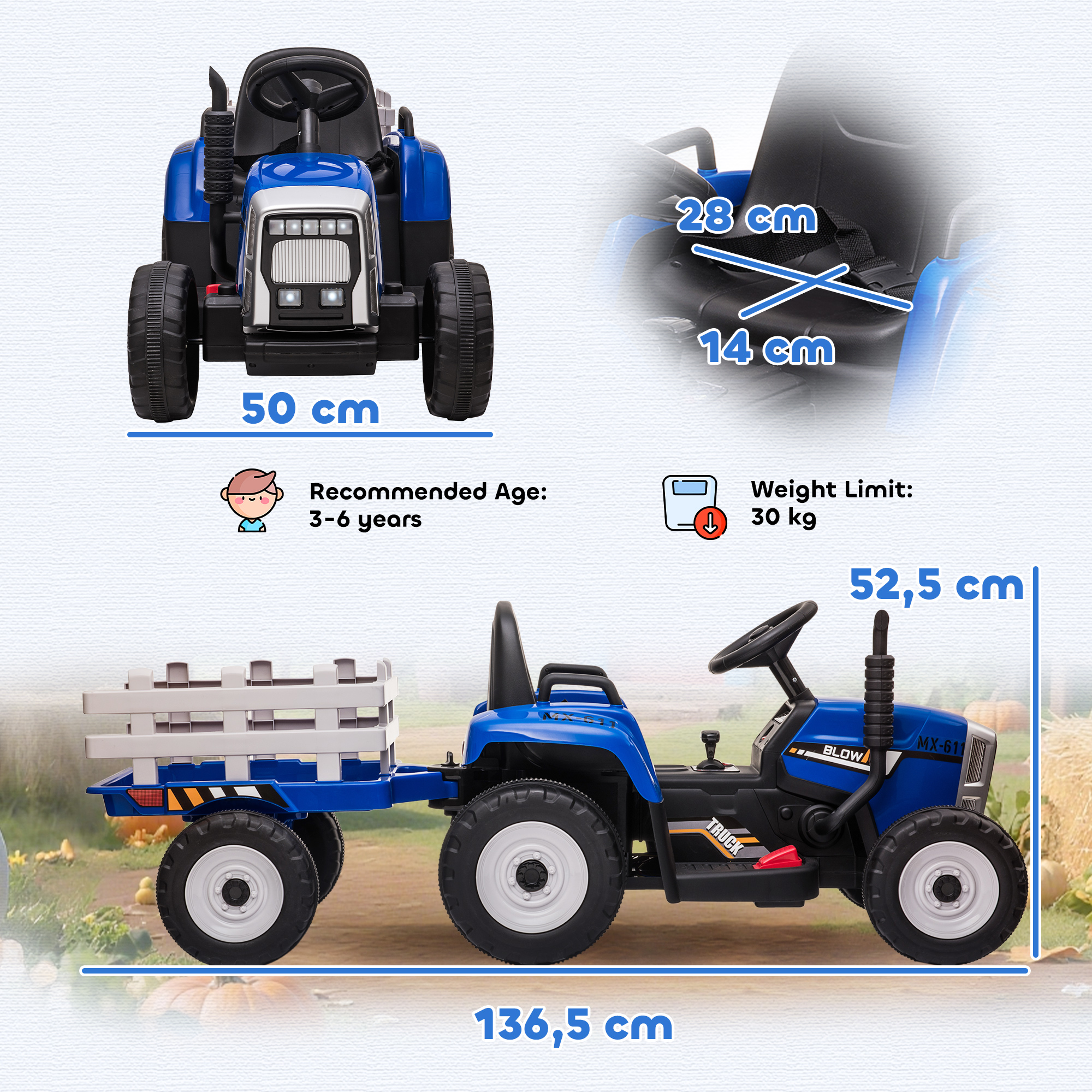 Tractor eléctrico azul para niños con remolque, medidas, 3-6 años y 30 kg.