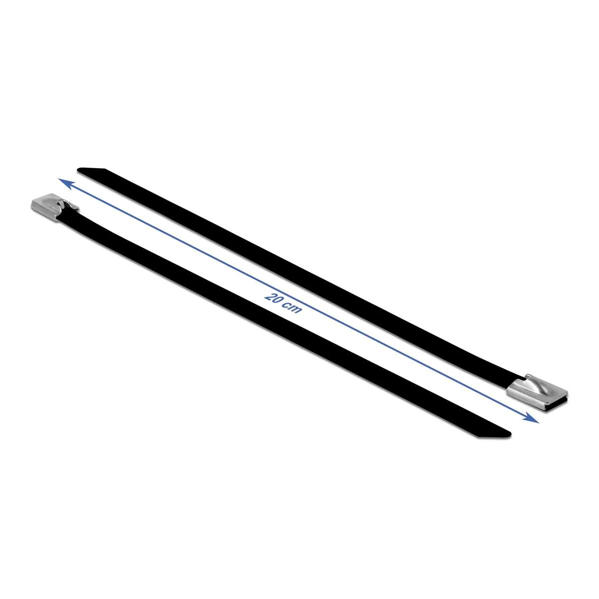 Zwei schwarze 20 cm lange Kabelbinder mit Metallklammern liegen diagonal auf weißem Grund.