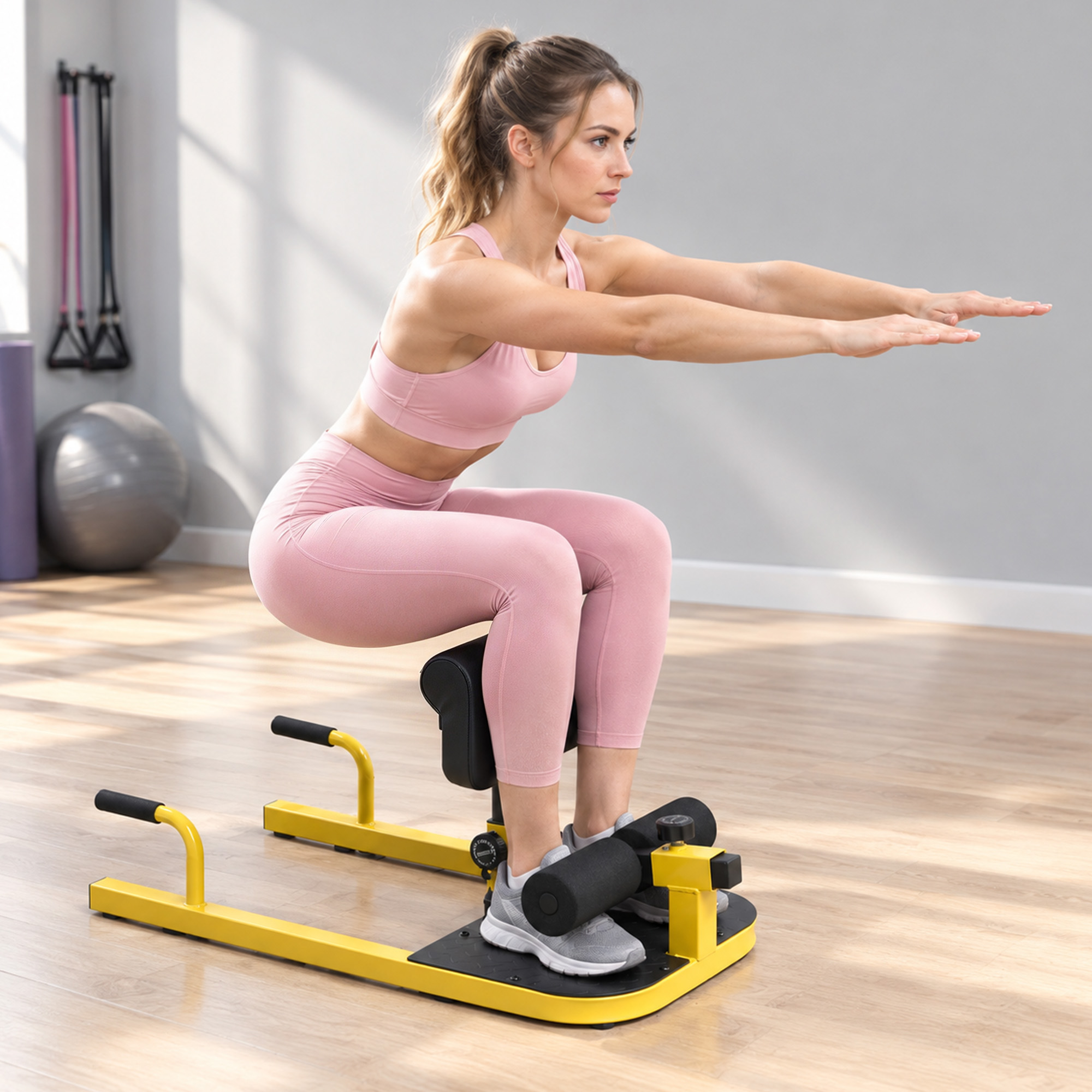 Una mujer en ropa deportiva rosa hace sentadillas en una máquina amarilla y negra en un gimnasio.