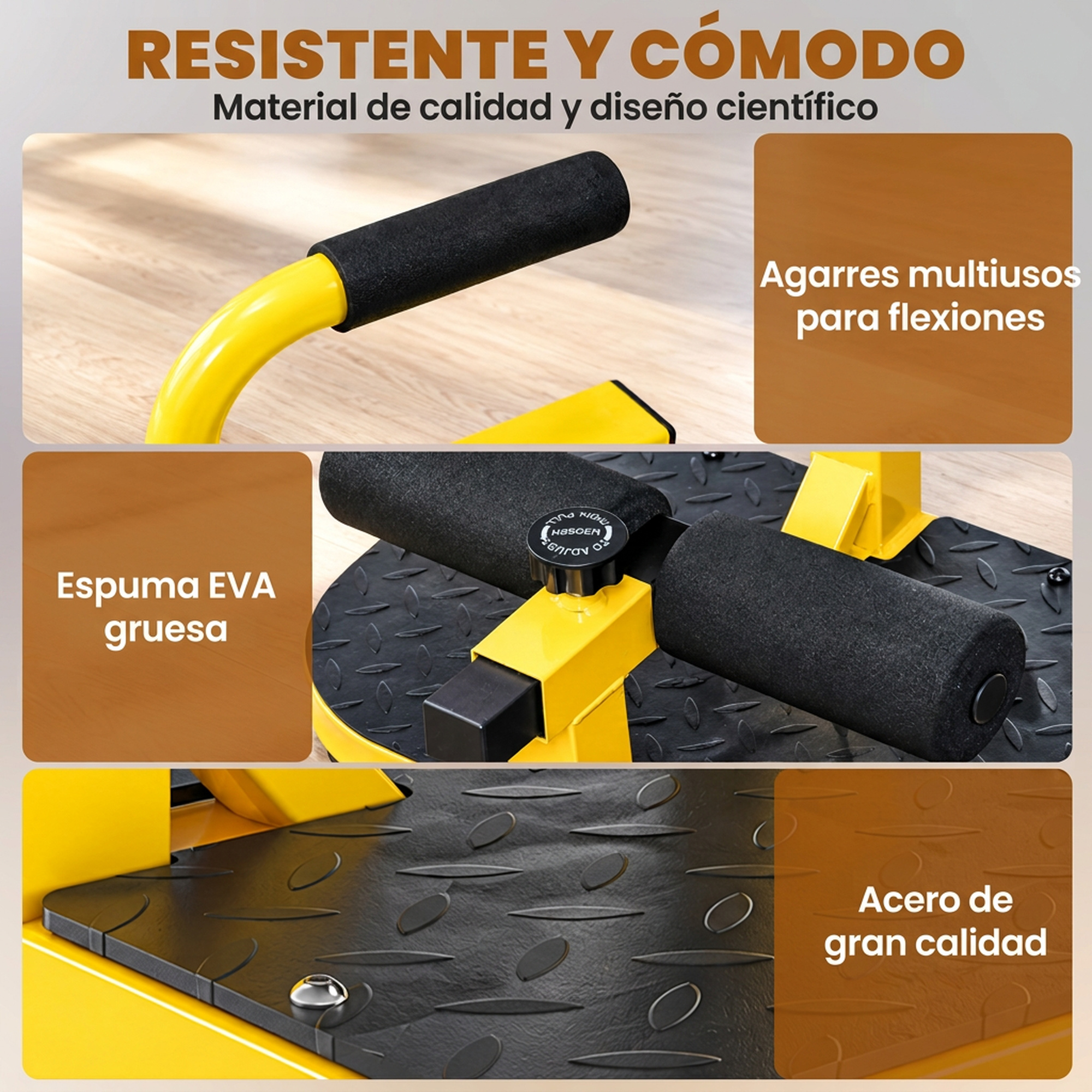 Equipo de fitness amarillo con agarres de espuma negra y base texturizada.