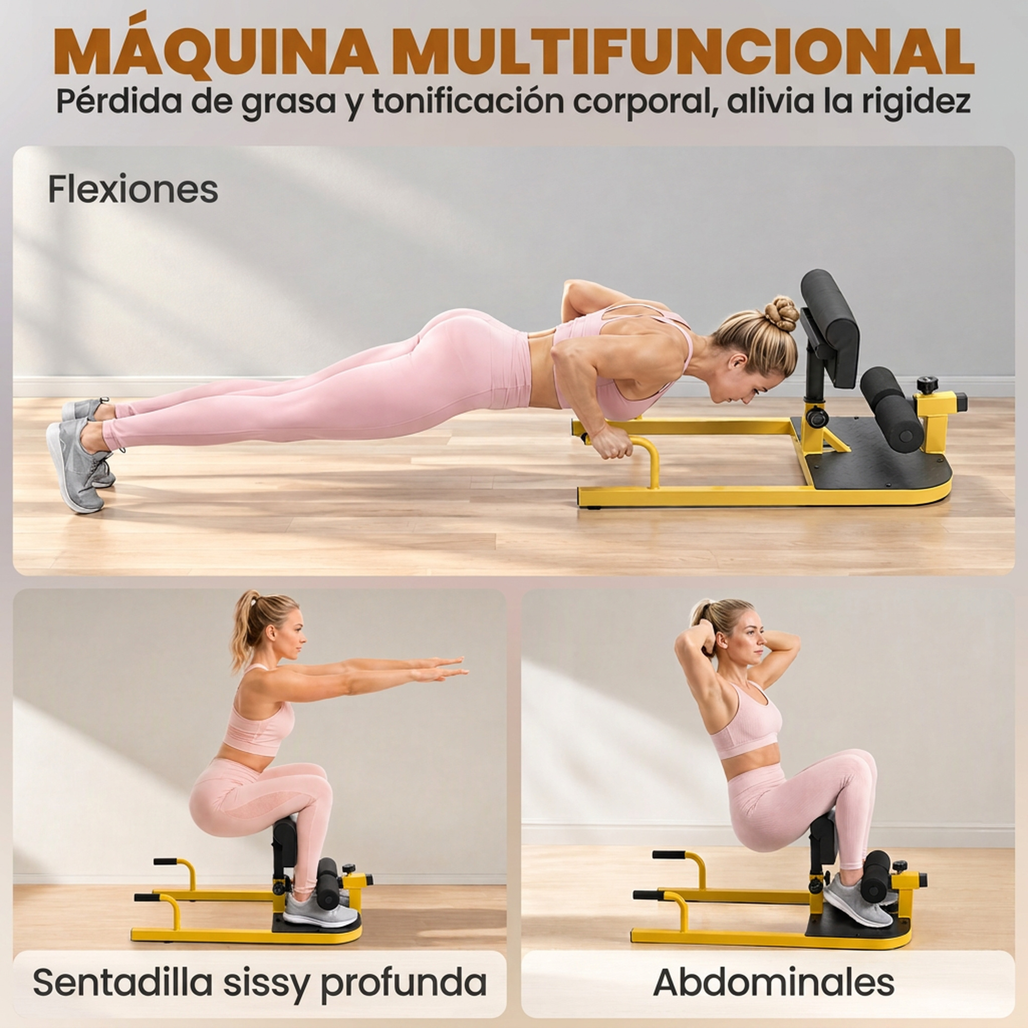 Una mujer rubia con ropa deportiva rosa usa una máquina de ejercicio amarilla multifuncional para flexiones y sentadillas.