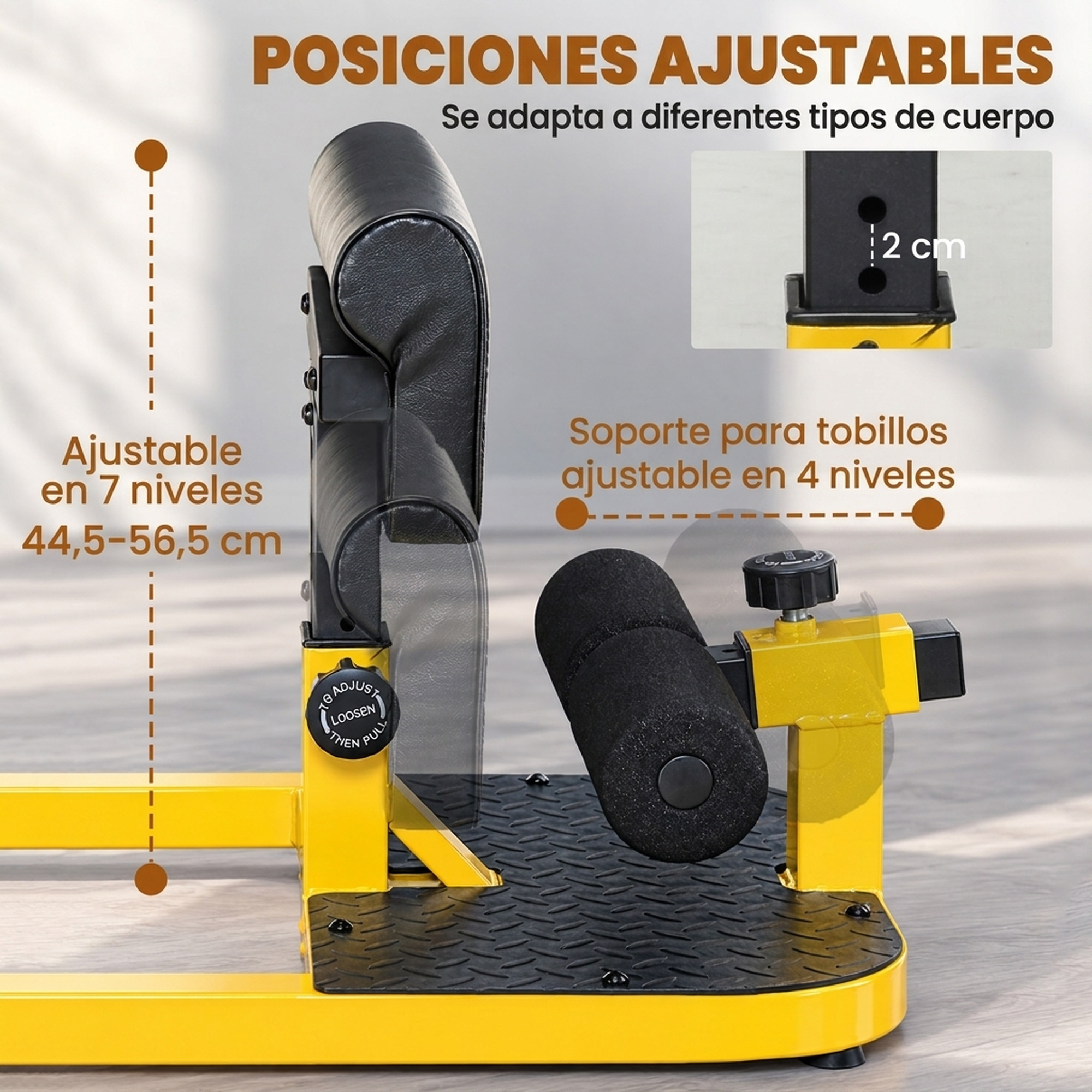 Máquina de sentadillas sissy amarilla y negra ajustable con cojines y medidas.
