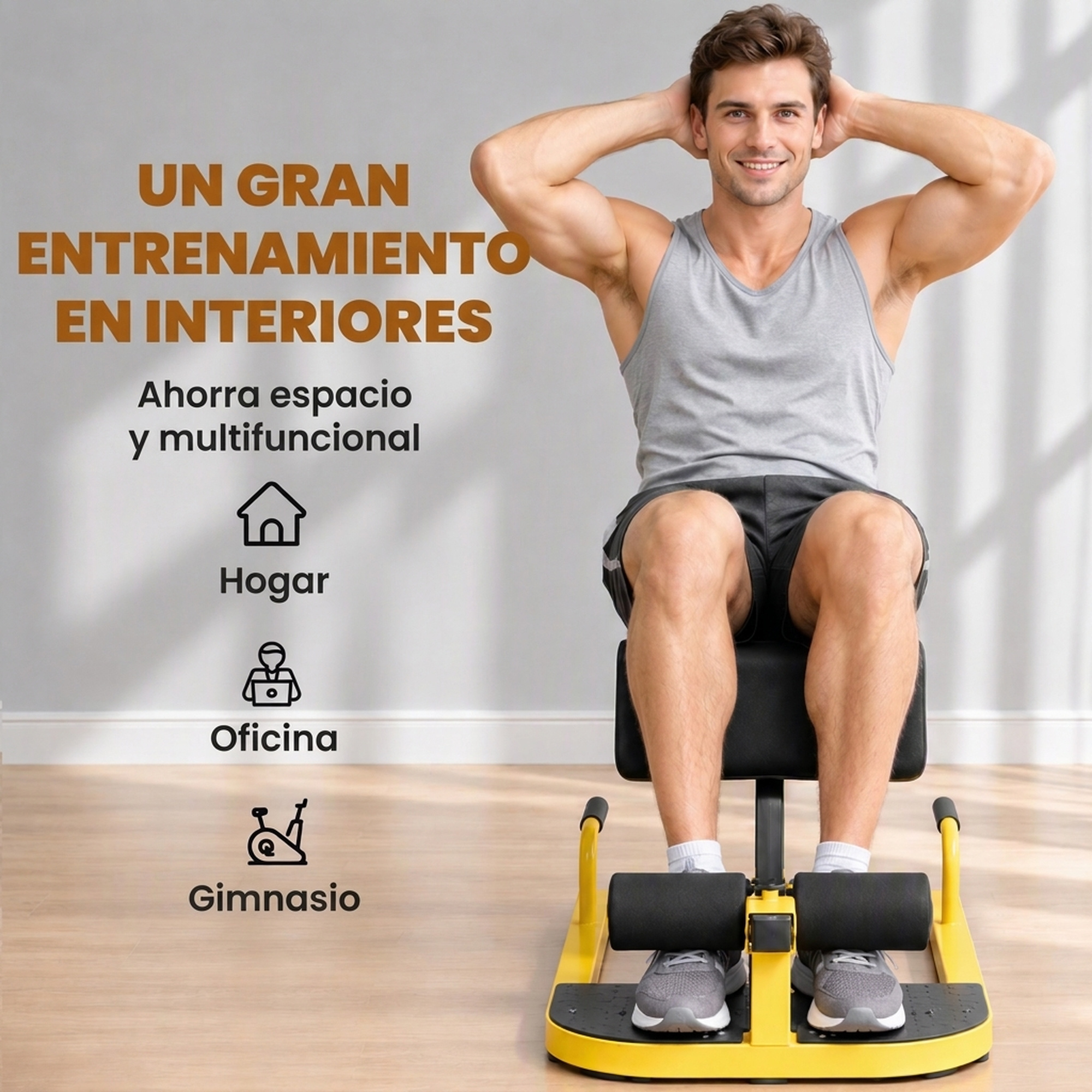 Un hombre sonriente en camiseta gris usa un banco de ejercicios amarillo, con texto e iconos a la izquierda.