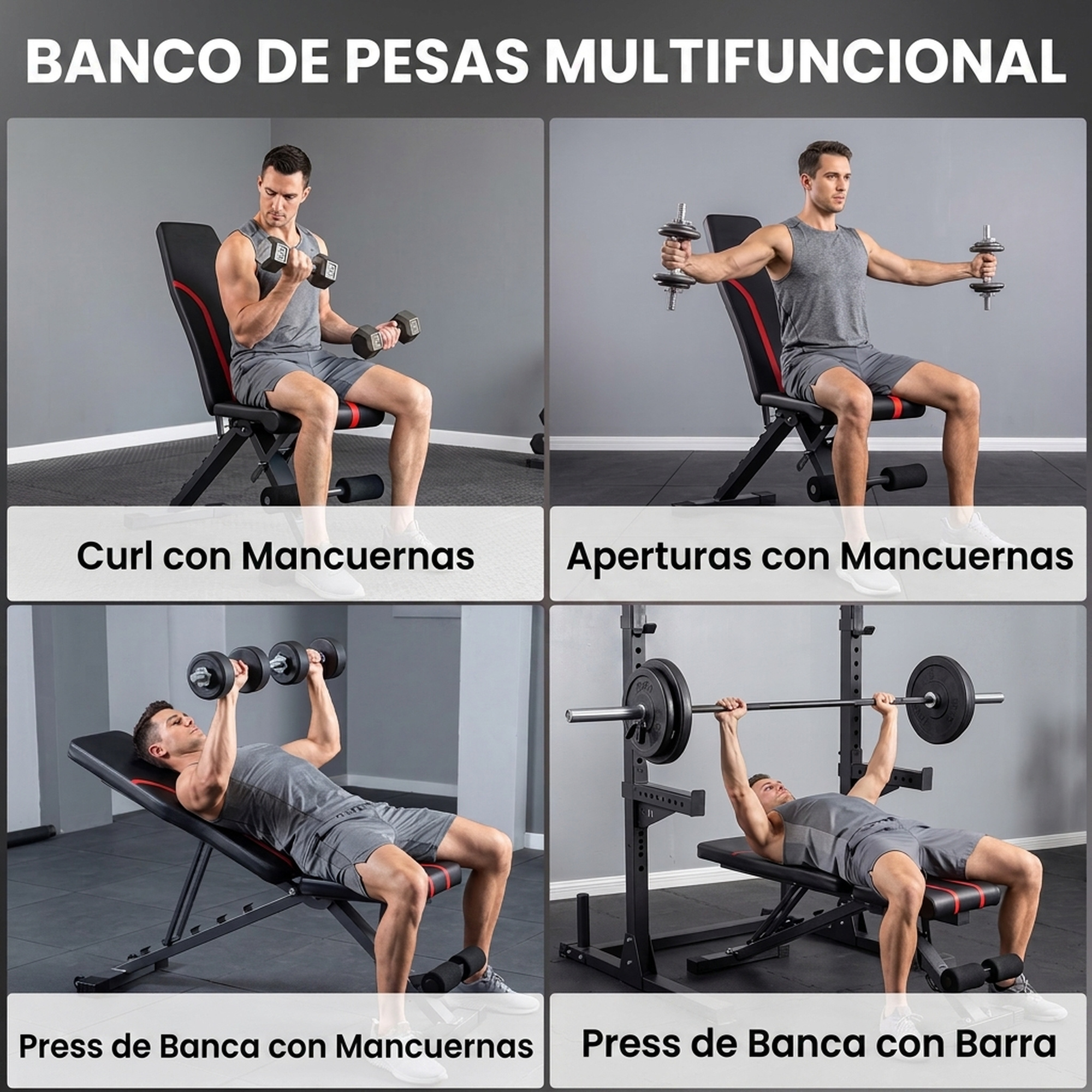 Un hombre demostrando cuatro ejercicios de levantamiento de pesas diferentes usando un banco multifuncional.