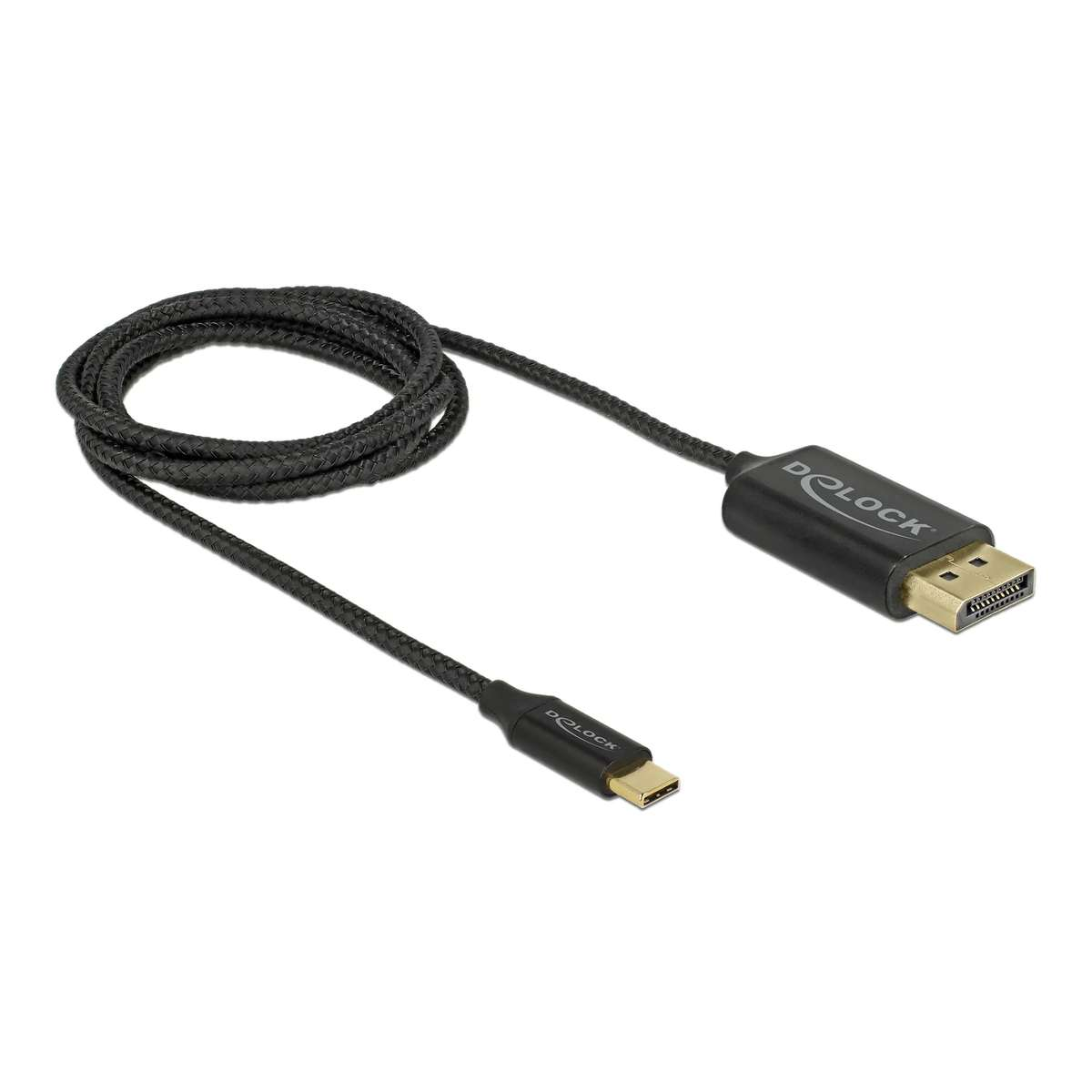 Schwarzes USB-C-auf-DisplayPort-Kabel mit goldenen Anschlüssen und Delock-Logo.