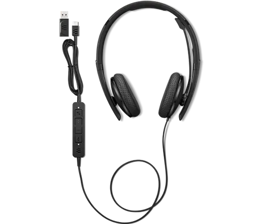 Auriculares supraaurales negros con unidad de control en línea, micrófono de asta y cable USB sobre fondo blanco.
