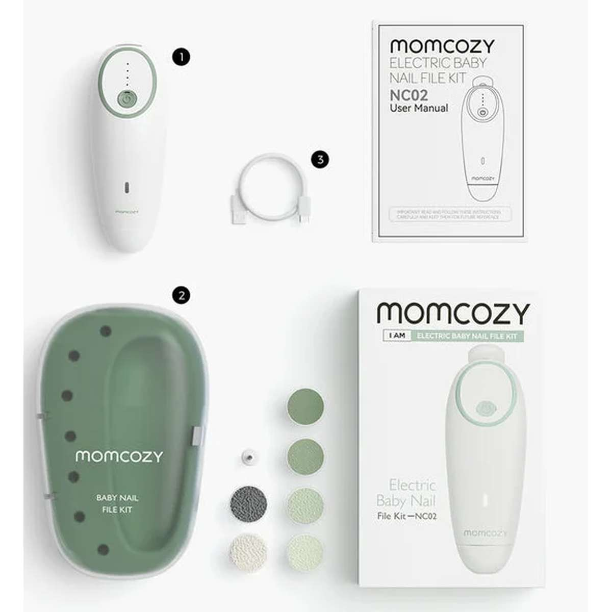 Momcozy elektrisches Nagelpflege-Set für Babys mit Gerät, Etui, Anleitung, Ladekabel und verschiedenen Feilen.