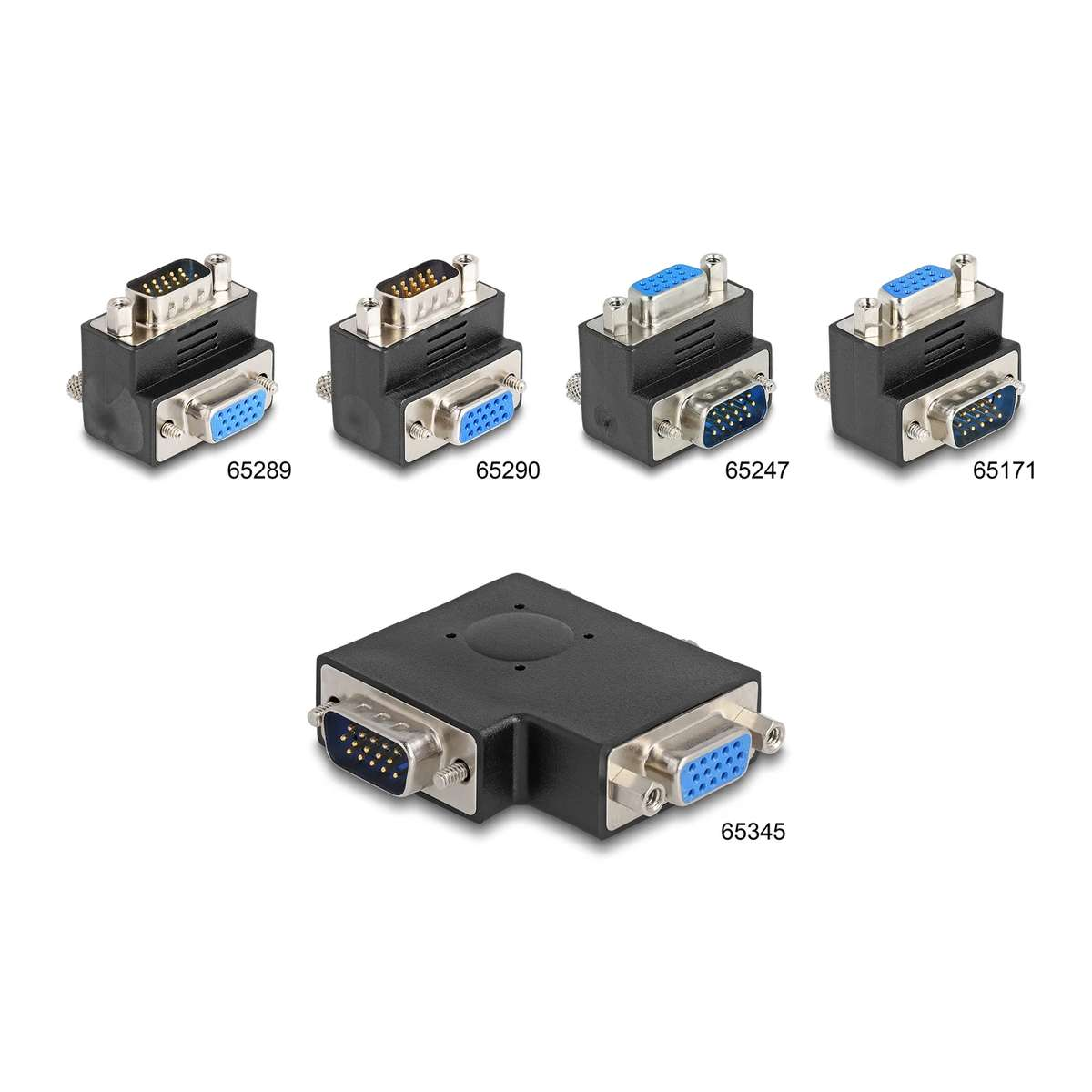 Cinco adaptadores VGA negros diferentes con puertos metálicos y números de producto sobre fondo blanco.