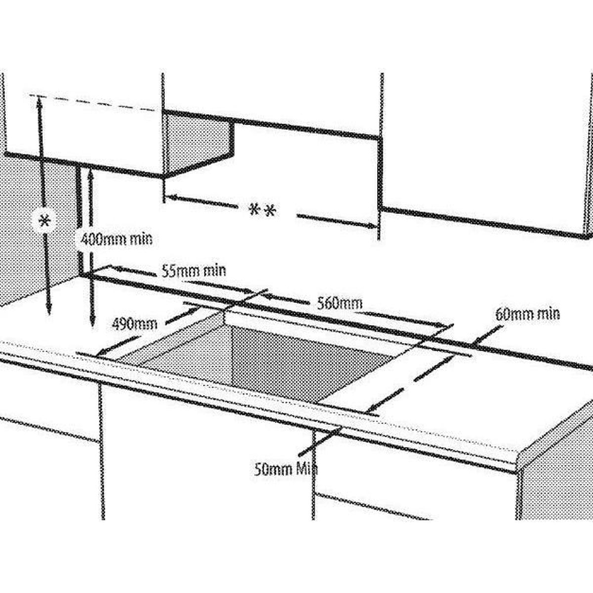 Disegno tecnico che mostra le misure dimensionali per l'installazione di un lavello.