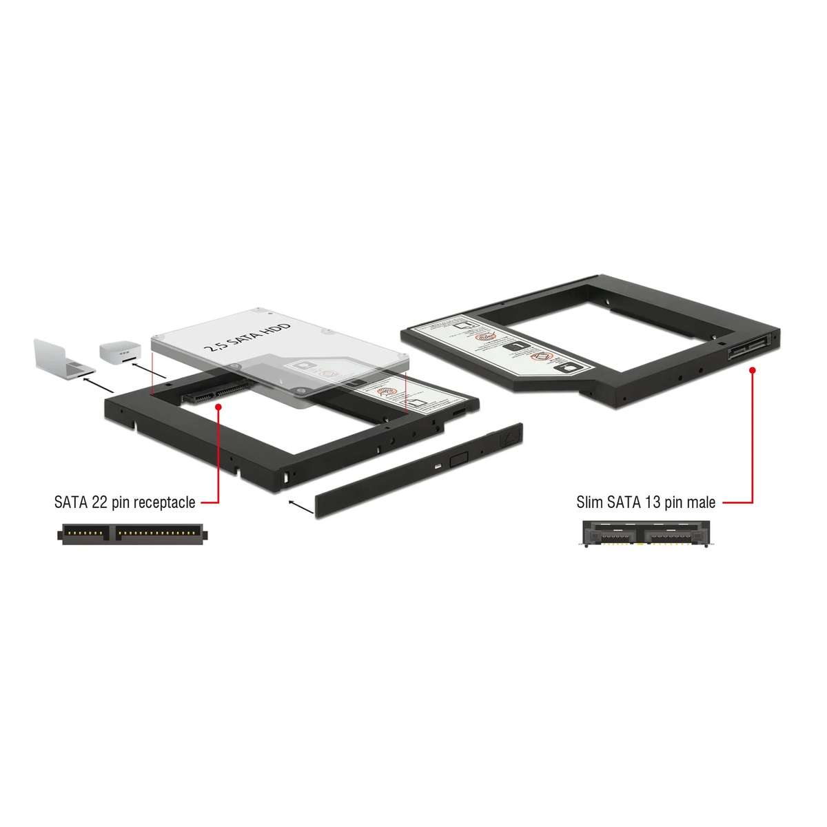 Diagramm eines optischen Festplattengehäuses mit SATA-22-Pin-Buchse und Slim-SATA-13-Pin-Stecker auf weißem Hintergrund.