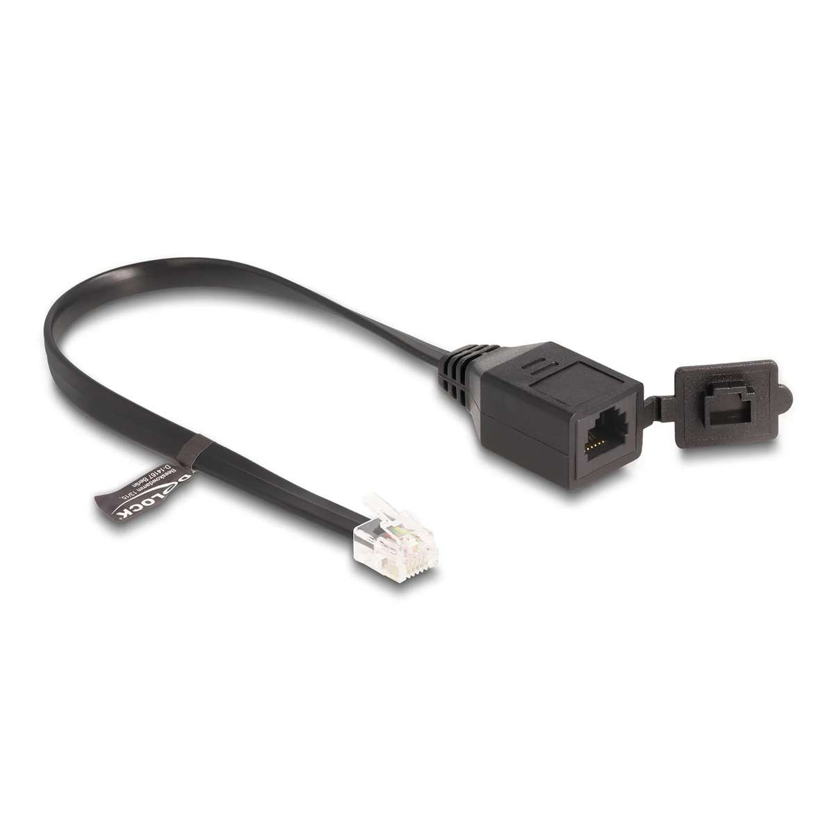 Un cable de extensión RJ12 negro con un zócalo con tapa protectora y un conector.