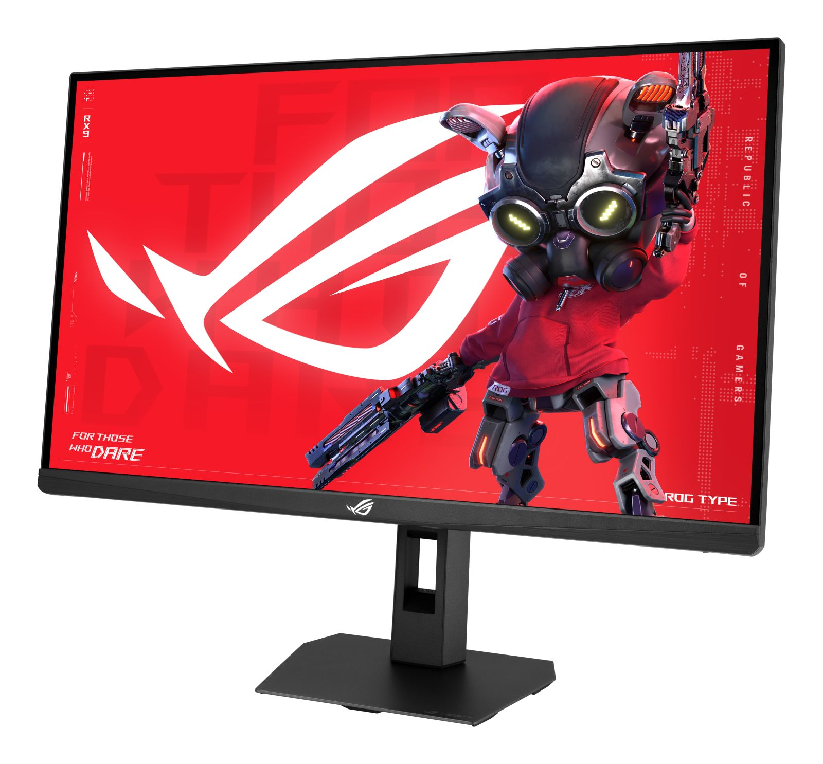 Ein ROG-Gaming-Monitor zeigt einen Charakter mit Waffe vor rotem Hintergrund.