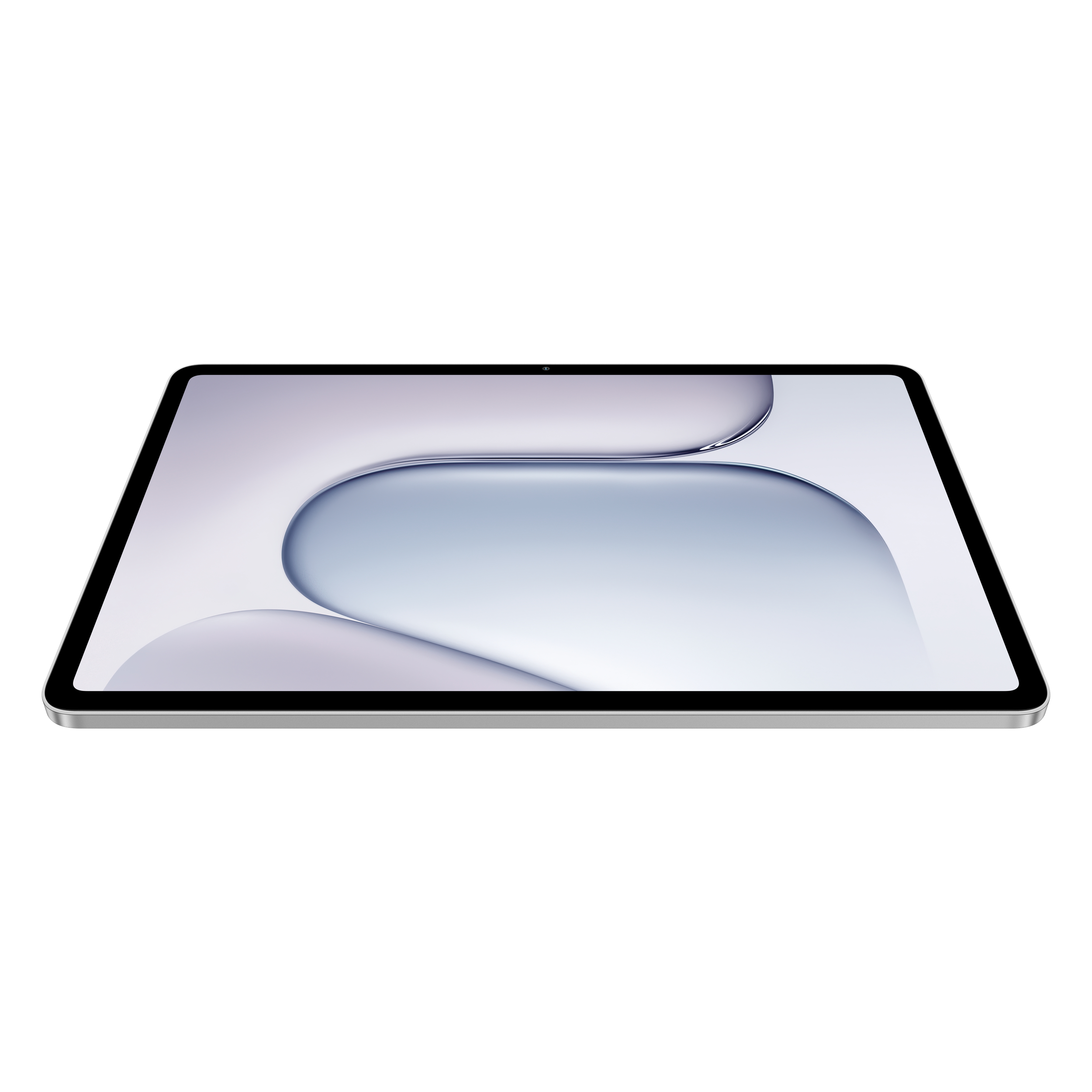 Ein Tablet mit einem hellen, geschwungenen abstrakten Hintergrundbild liegt auf einer weißen Oberfläche.