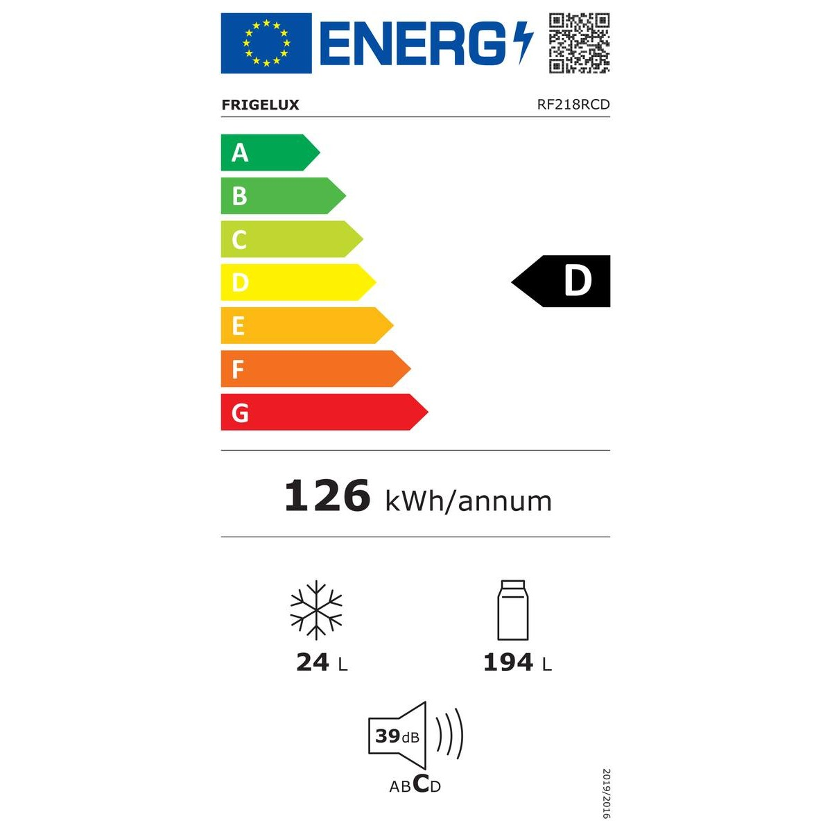 Frigelux Energielabel zeigt Klasse D, 126 kWh pro Jahr und 39 dB Geräuschemission.