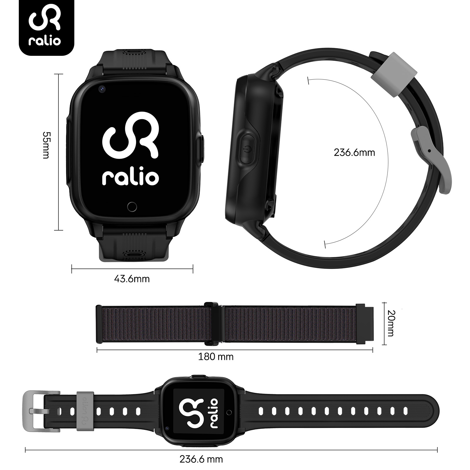 Esquema técnico que muestra dimensiones y ángulos de un reloj inteligente Ralio negro con correas.