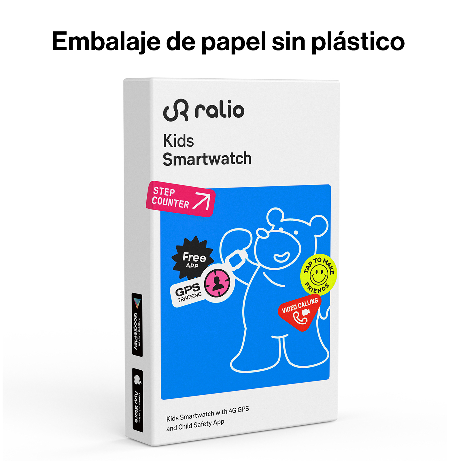 Caja blanca de smartwatch para niños Ralio con oso azul e iconos coloridos sobre fondo blanco.