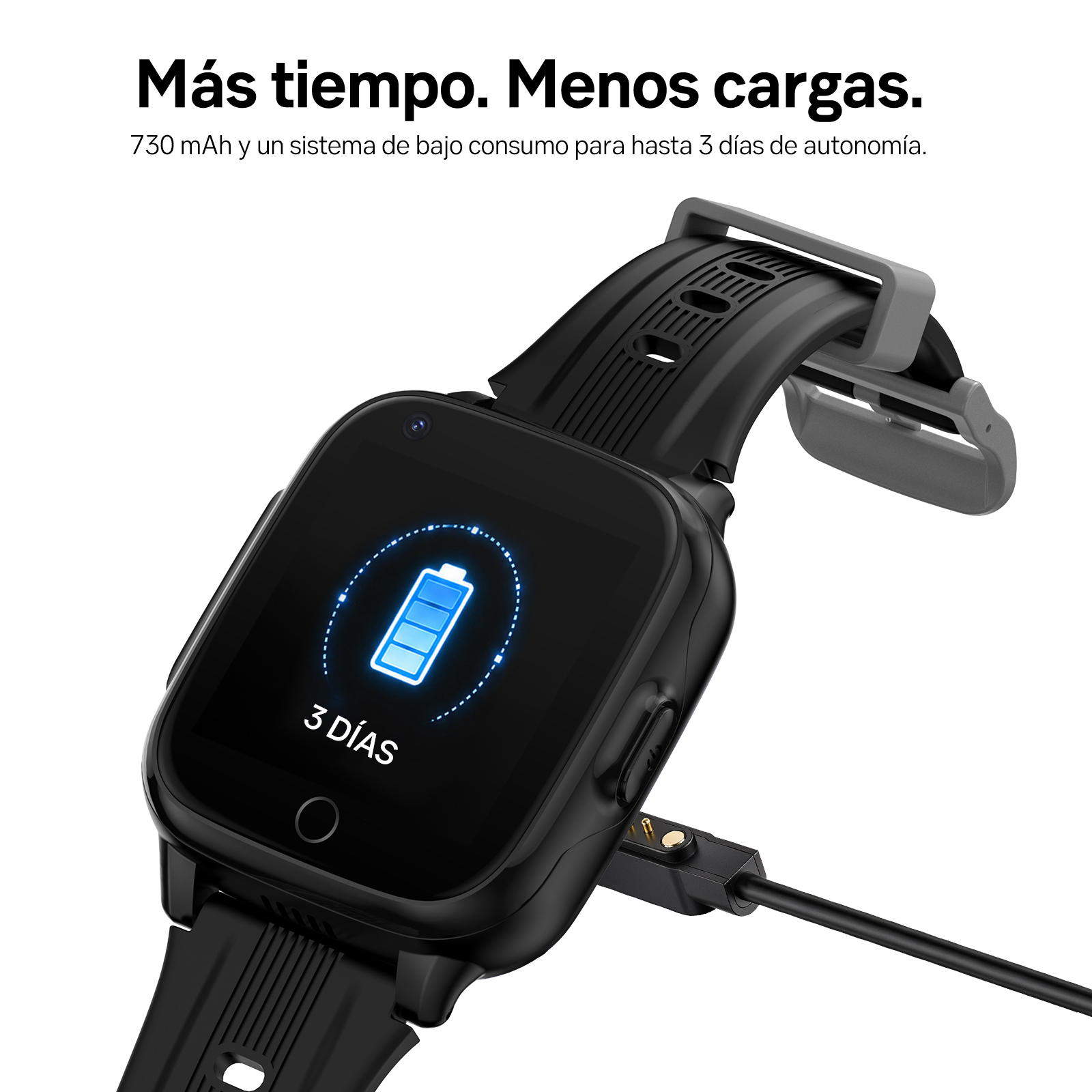 Smartwatch negro con cable de carga e icono de batería en pantalla, texto sobre duración.