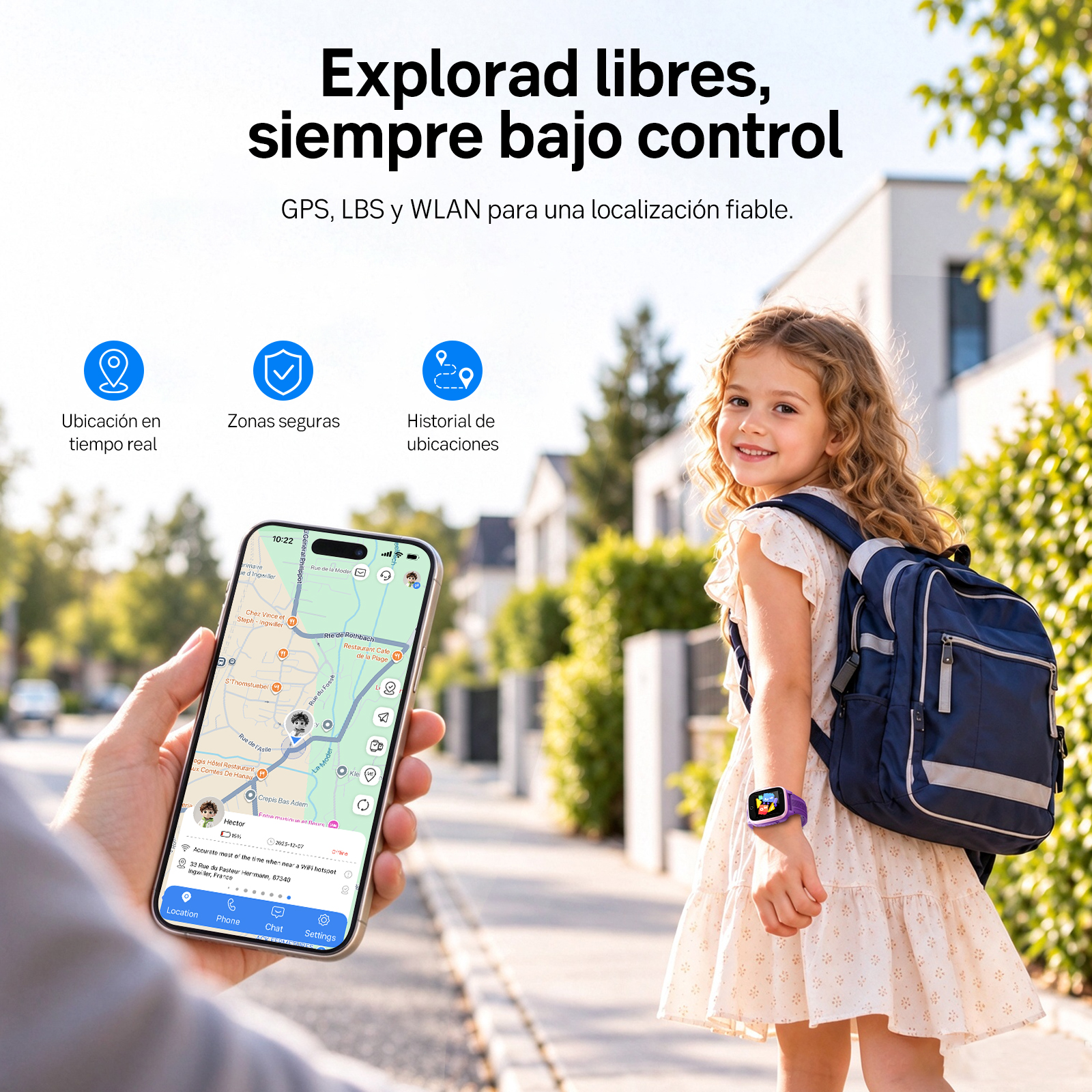 Una niña sonriente camina afuera con un reloj inteligente mientras un smartphone muestra un mapa.