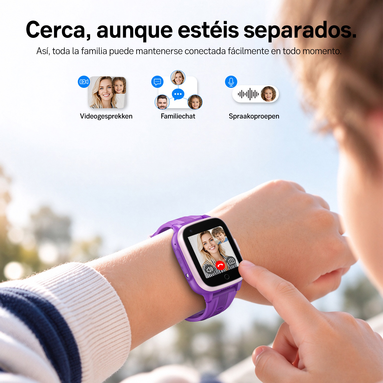 Niño usando un reloj inteligente morado con pantalla táctil, mostrando iconos de videollamadas, chat y llamadas de voz.
