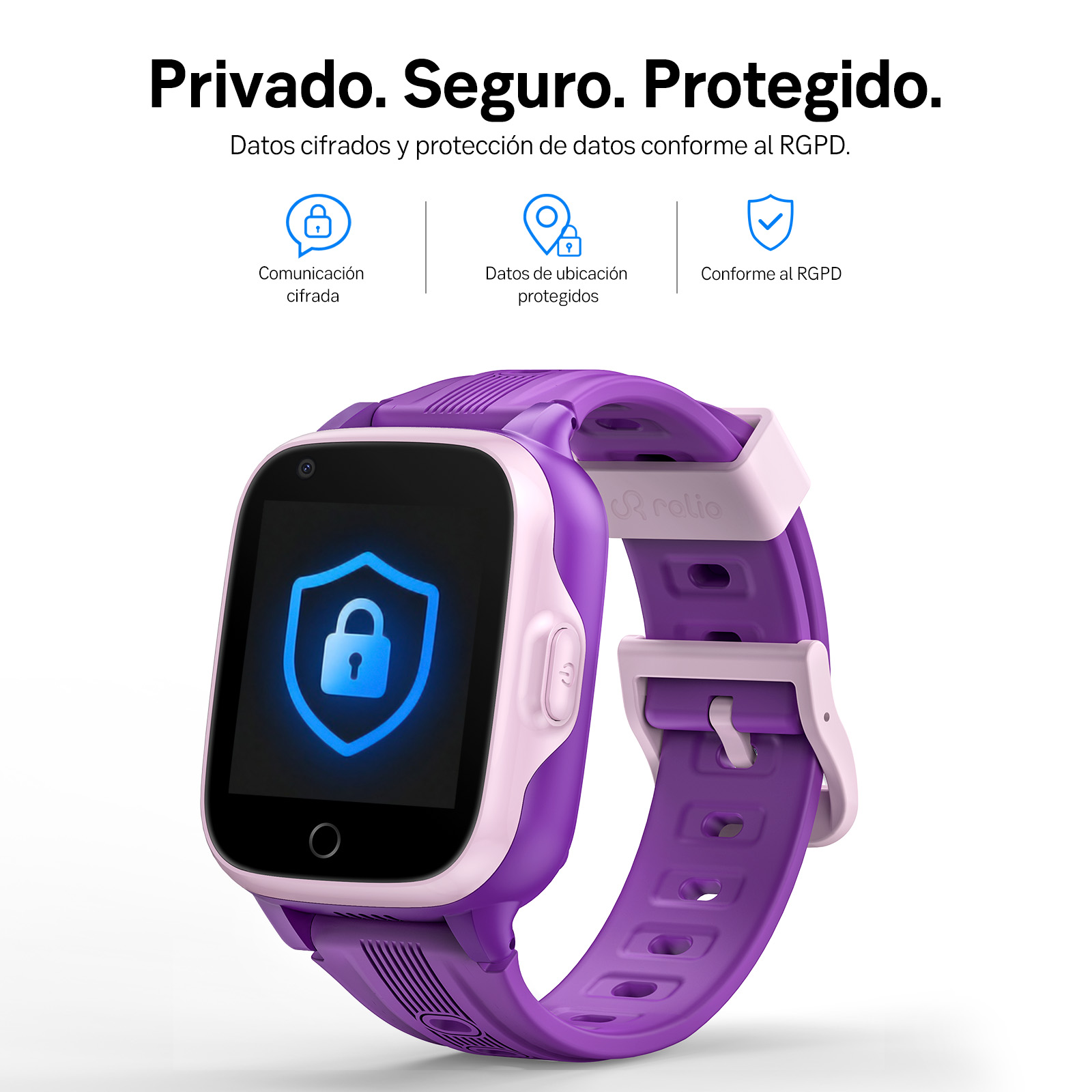 Un reloj inteligente infantil morado con iconos de privacidad y texto arriba, sobre fondo blanco.