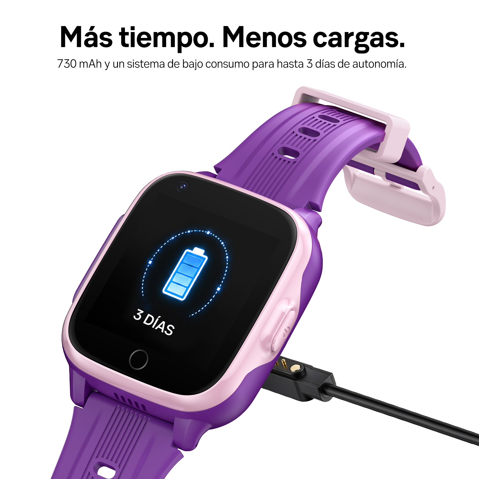 Smartwatch infantil morado y rosa con cable de carga muestra icono de batería de tres días.