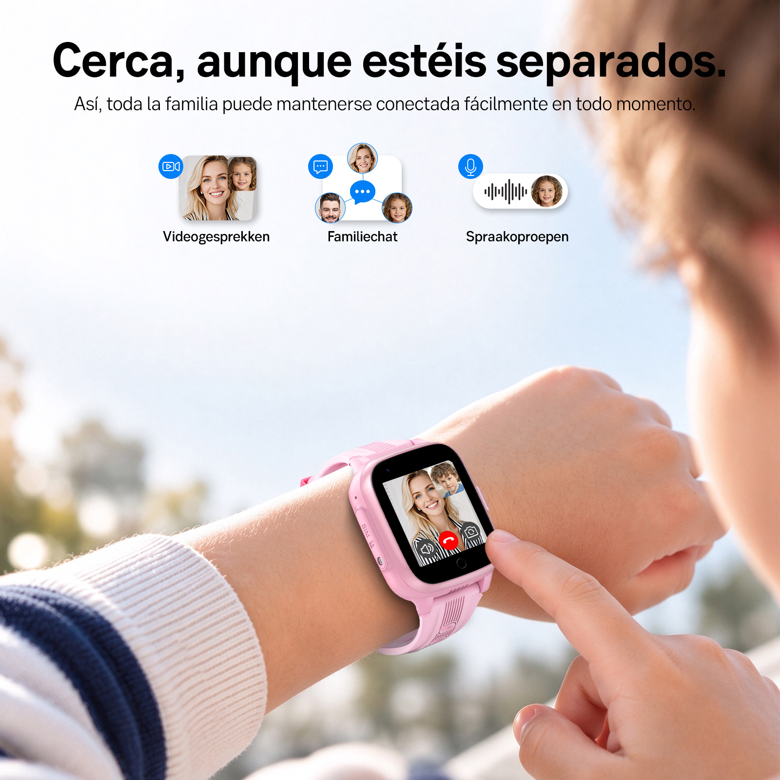 Un niño lleva un reloj inteligente rosa con una videollamada y funciones de comunicación familiar.
