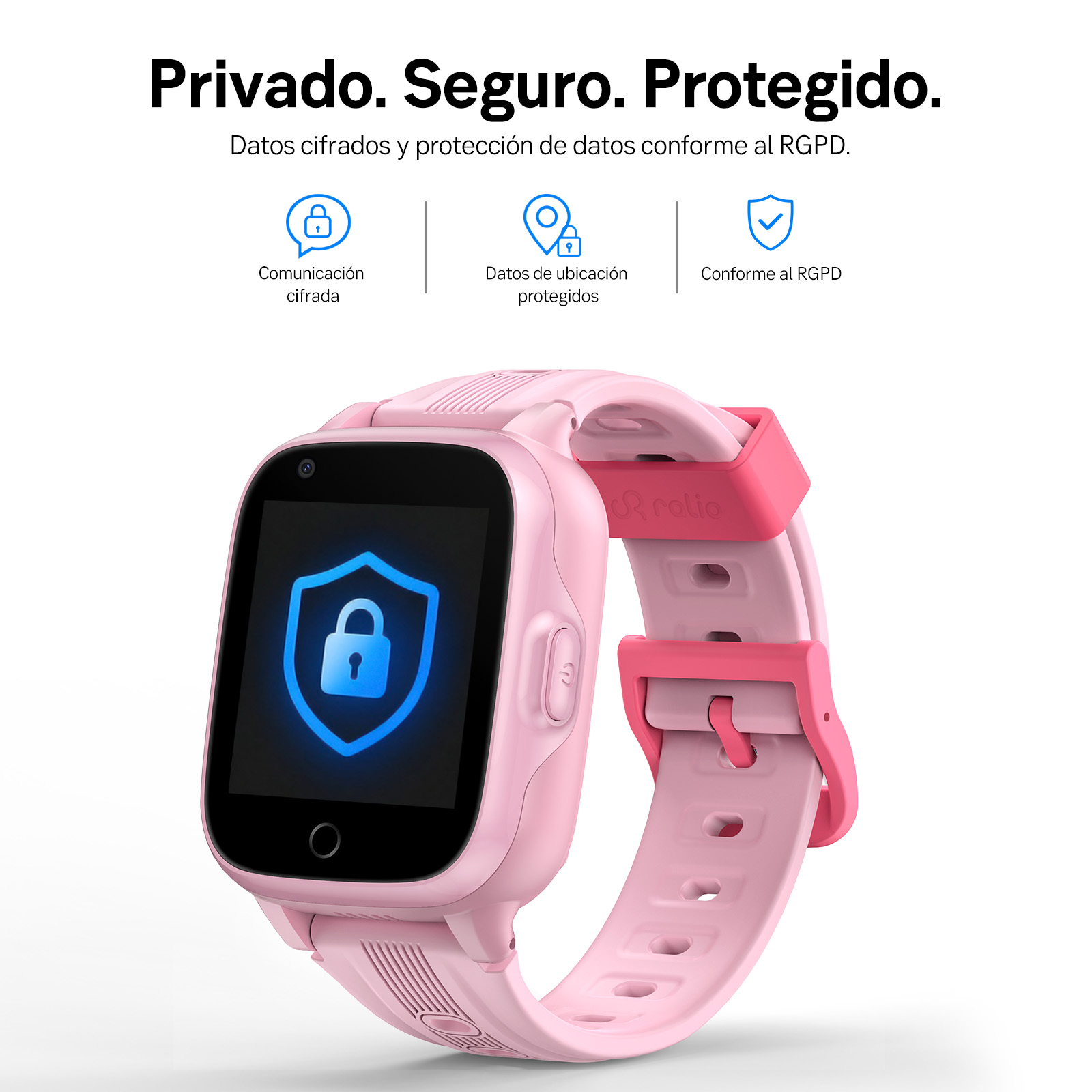Reloj inteligente rosa para niños con icono de candado y símbolos de seguridad arriba.