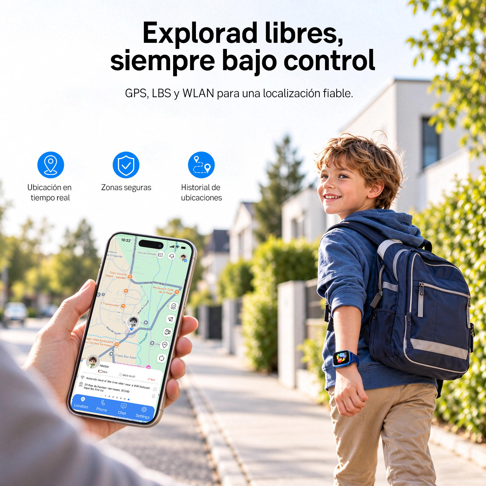 Un smartphone muestra un mapa que rastrea a un niño sonriente con mochila y smartwatch caminando.