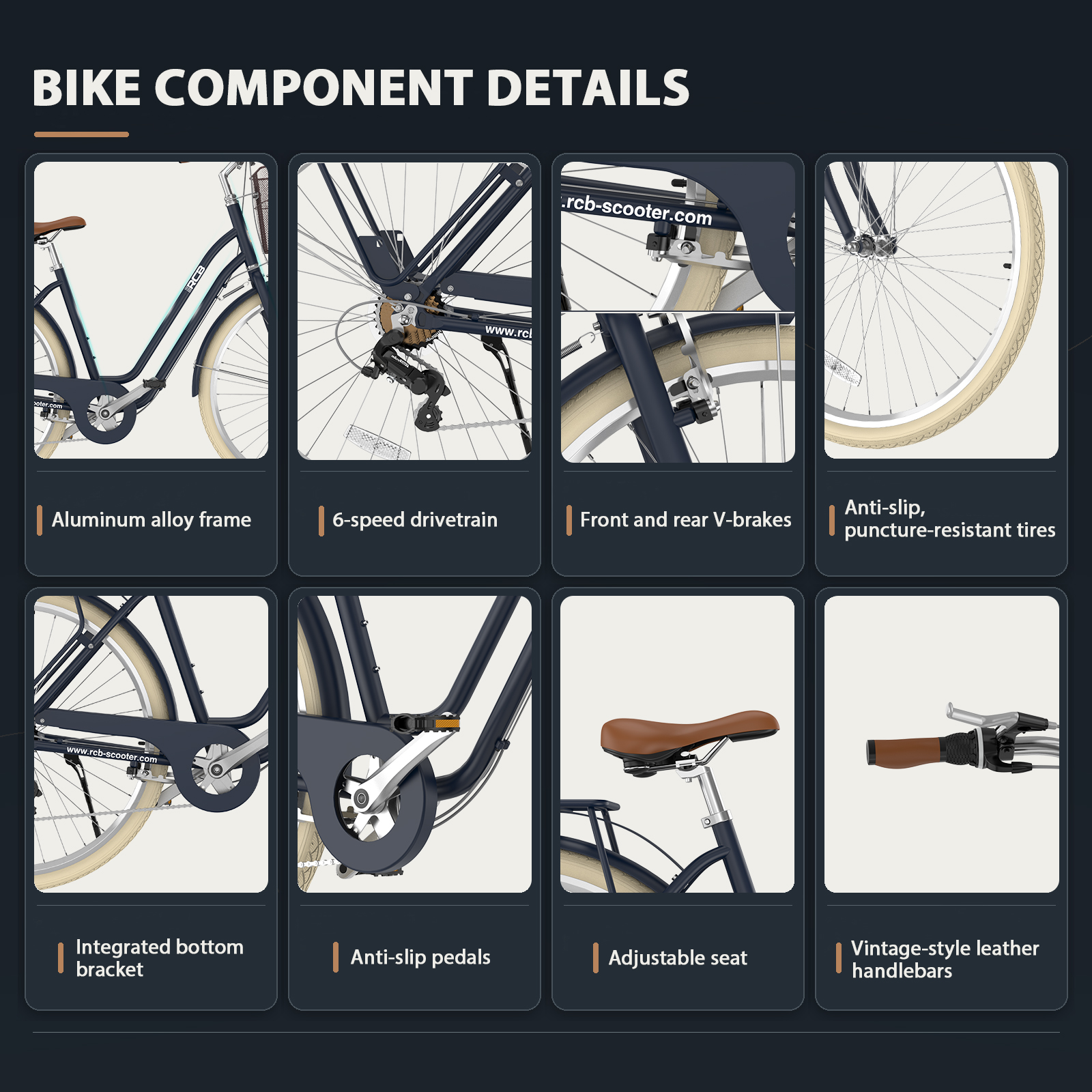 Infografik zu Fahrradkomponenten mit Aluminiumrahmen, 6-Gang-Schaltung, Bremsen und Reifen.