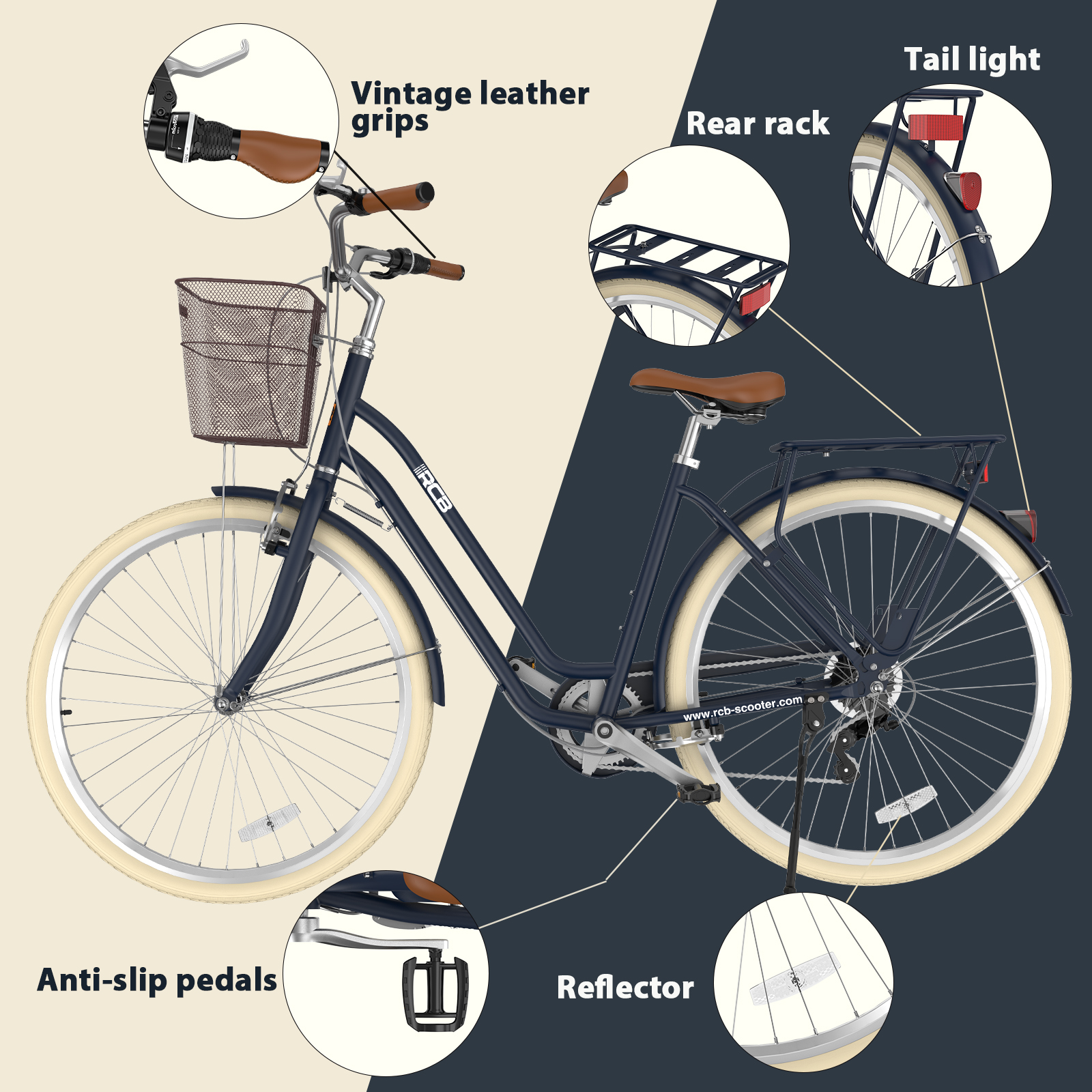 Dunkelblaues Damenfahrrad mit braunem Sattel, Korb, weißem Reifen und Detailaufnahmen von Teilen wie Lenker und Gepäckträger.