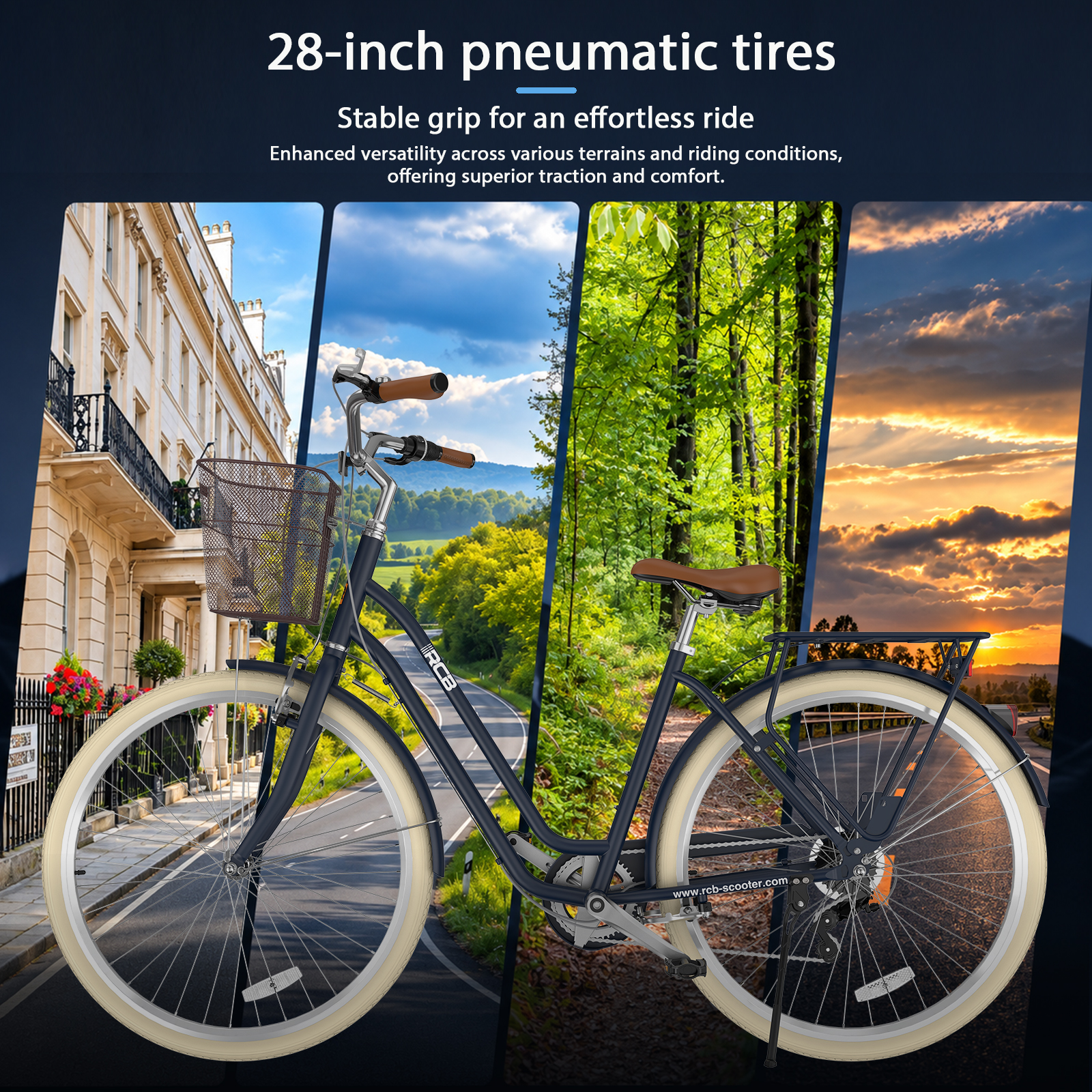 Ein blaues Citybike mit Korb und Reifen im Schichtdesign vor verschiedenen Landschaften.