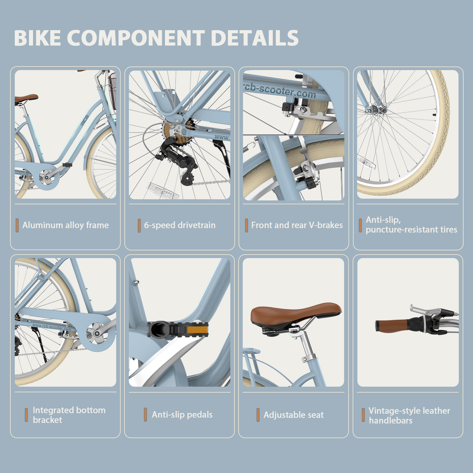 Infografik zeigt Fahrradkomponenten wie Rahmen, Gangschaltung, Bremsen, Reifen, Pedale, Sattel und Lenker.