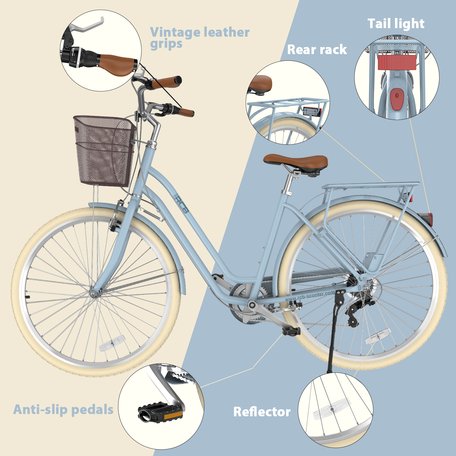 Ein hellblaues Fahrrad mit Korb, braunen Ledergriffen und beschrifteten Nahaufnahmen von Pedalen und Lichtern.