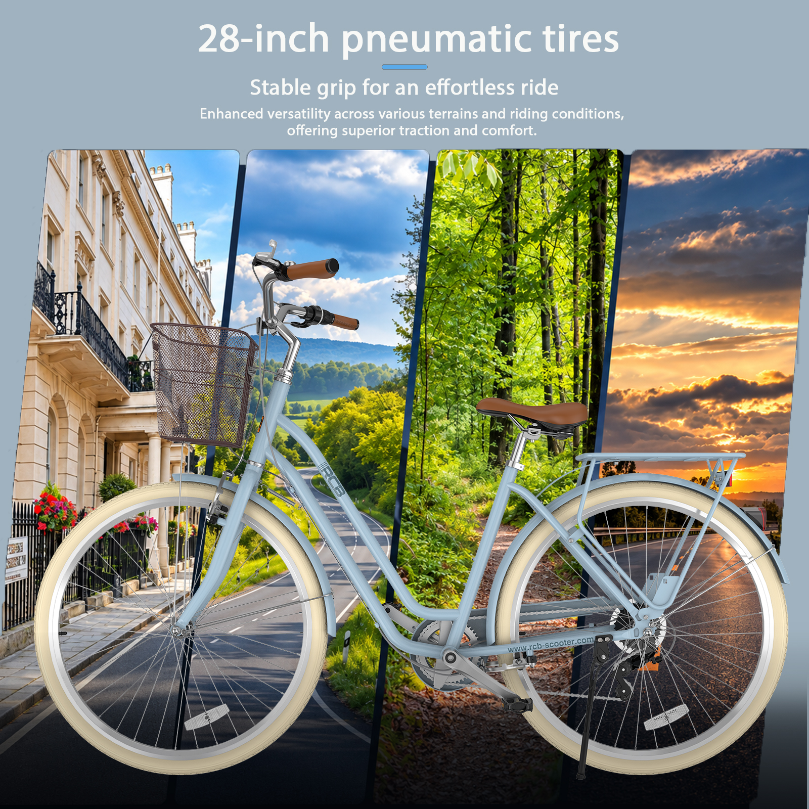 Ein hellblaues Fahrrad vor vier verschiedenen Landschaften und dem Text "28-inch pneumatic tires".