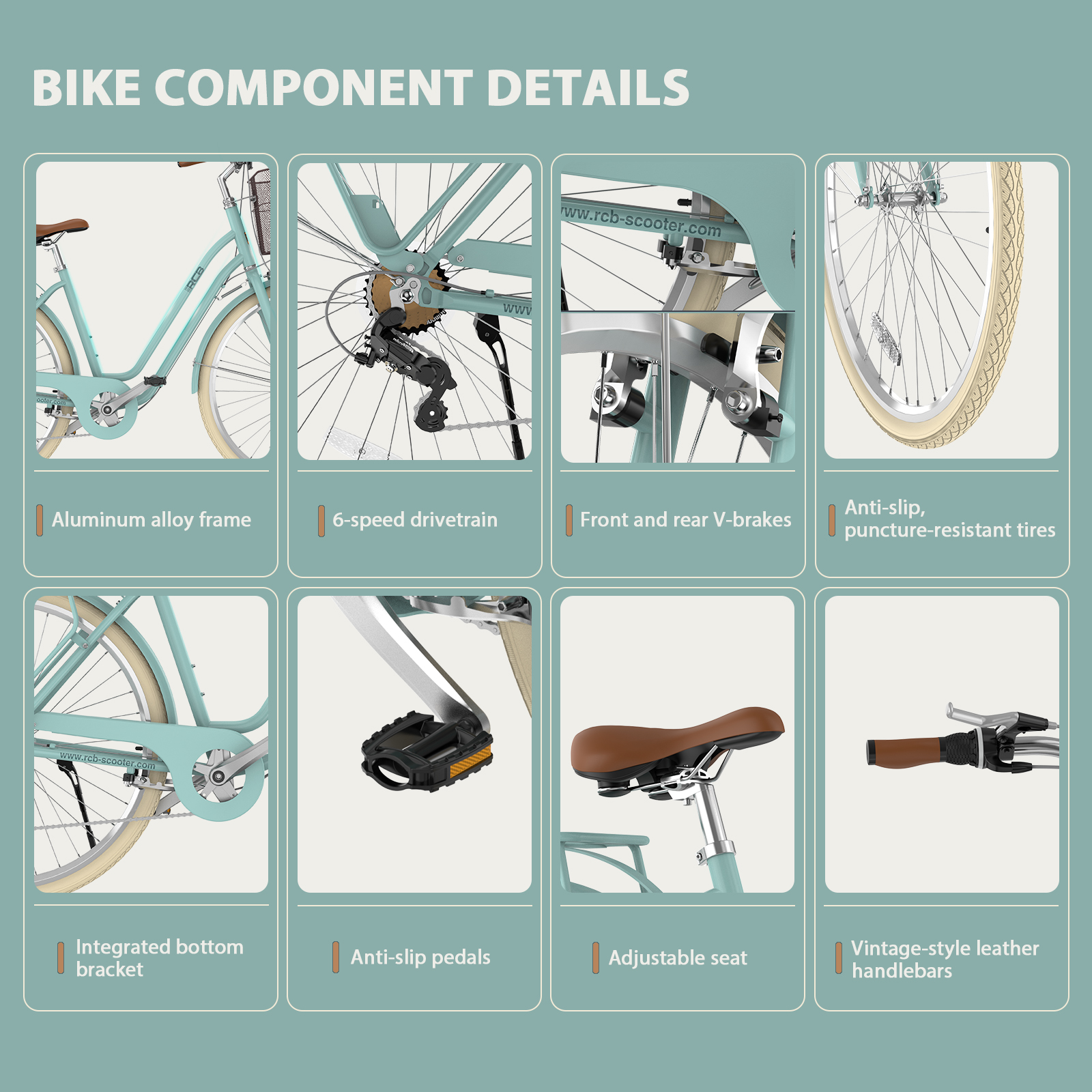 Infografik mit Fahrradkomponenten wie Rahmen, Schaltung, Bremsen, Reifen, Pedalen, Sattel und Lenker.