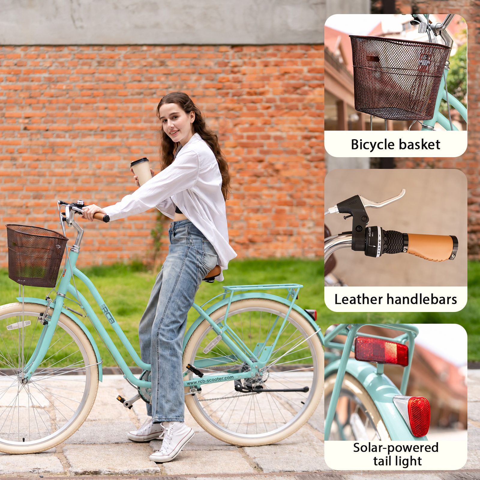 Eine Frau sitzt auf einem mintgrünen Fahrrad; Detailbilder zeigen Korb, Lenker und Rücklicht.