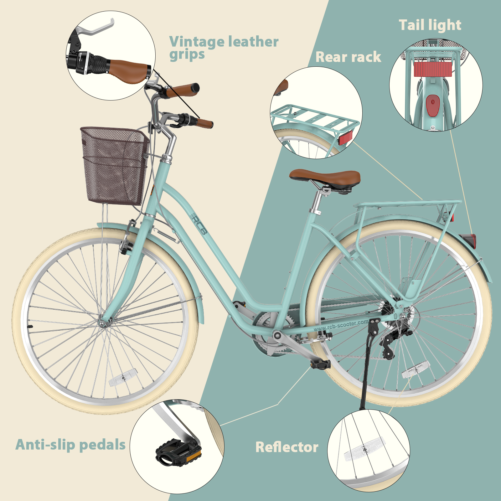 Mintgrünes Citybike mit Frontkorb, cremefarbenen Reifen und Detailskizzen von Fahrradteilen.