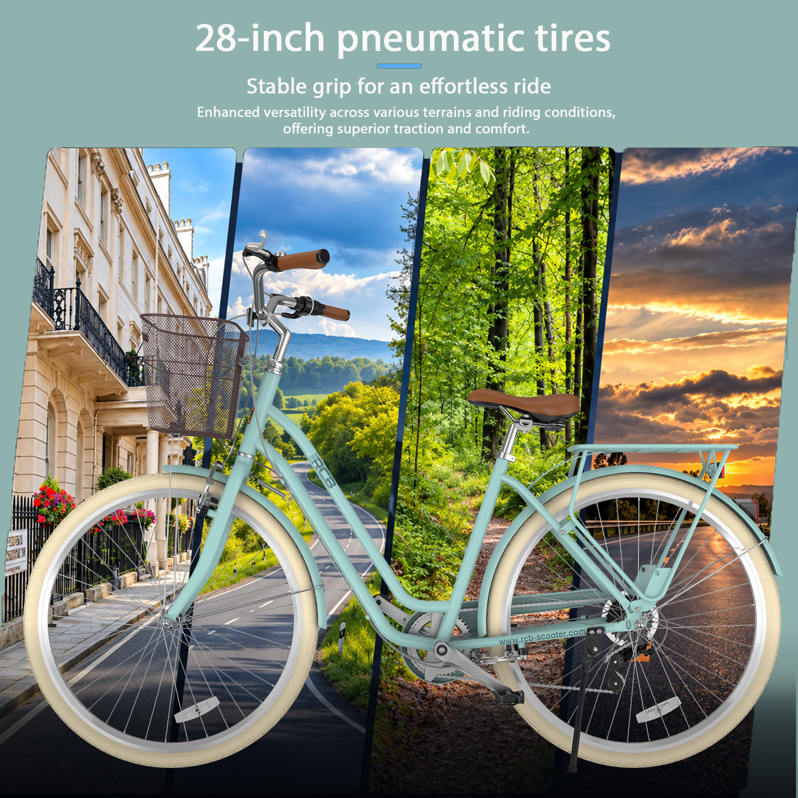 Hellblaues Fahrrad mit 28-Zoll-Reifen und Korb vor vier verschiedenen Hintergründen.