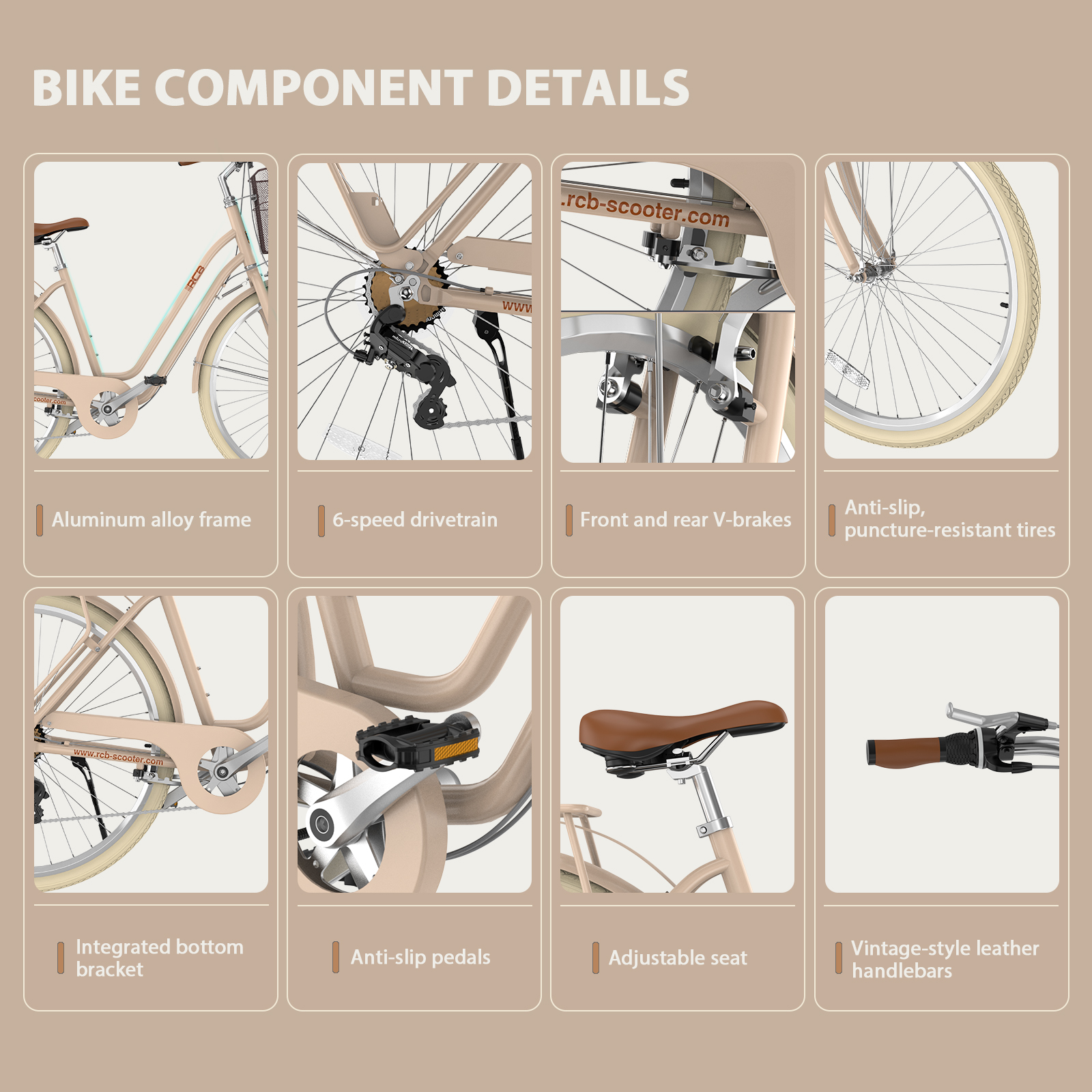 Fahrraddetails: Rahmen, 6-Gang-Schaltung, V-Bremsen, Reifen, Tretlager, Pedale, Sattel und Lenker.