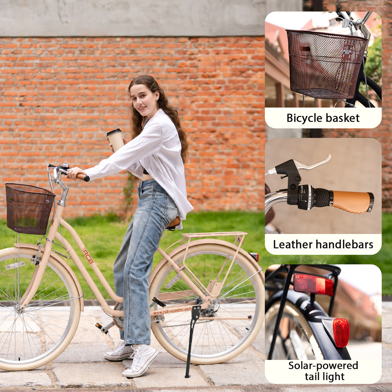 Eine Frau sitzt auf einem cremefarbenen Fahrrad vor einer Ziegelwand. Rechts sind Korb, Lenker und Rücklicht zu sehen.