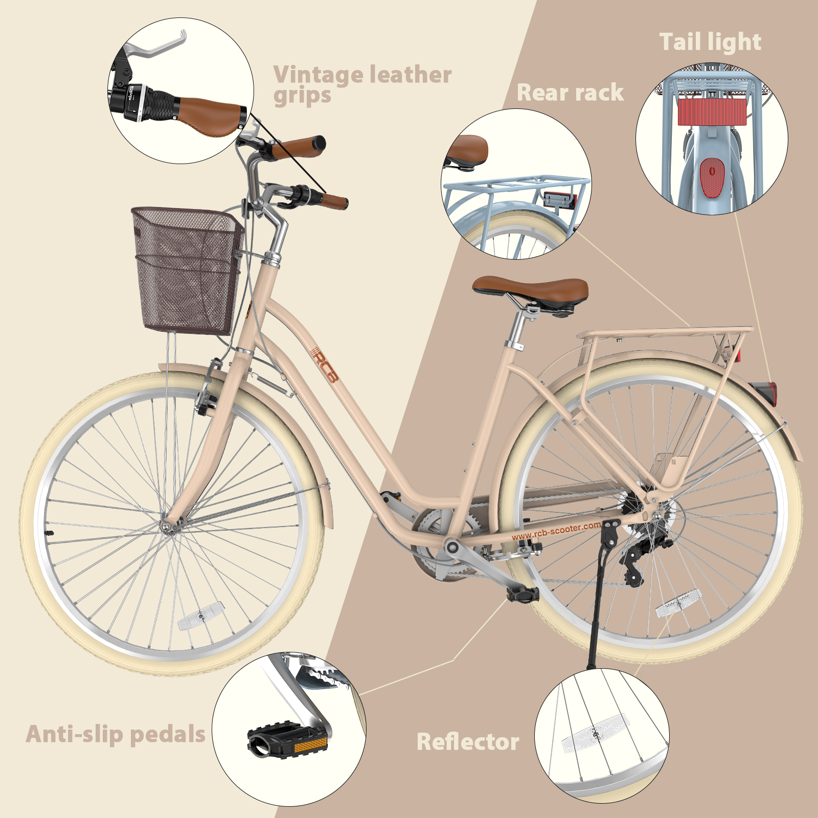 Beiges Citybike mit Korb und hervorgehobenen Merkmalen wie Ledergriffen und Gepäckträger.