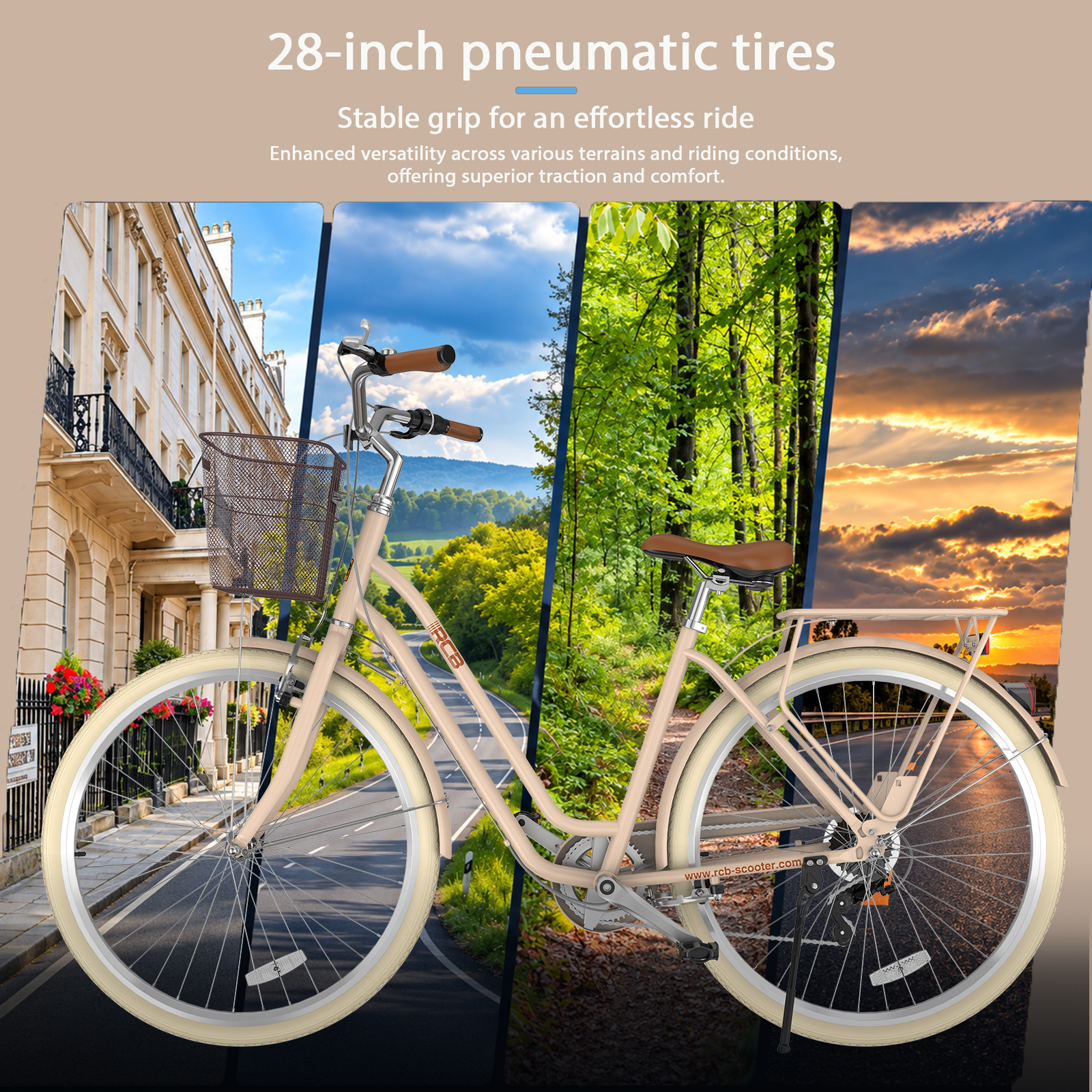 Ein beiges Stadtfahrrad mit Frontkorb vor wechselnden Hintergründen wie Stadt, Straße, Wald und Sonnenuntergang.